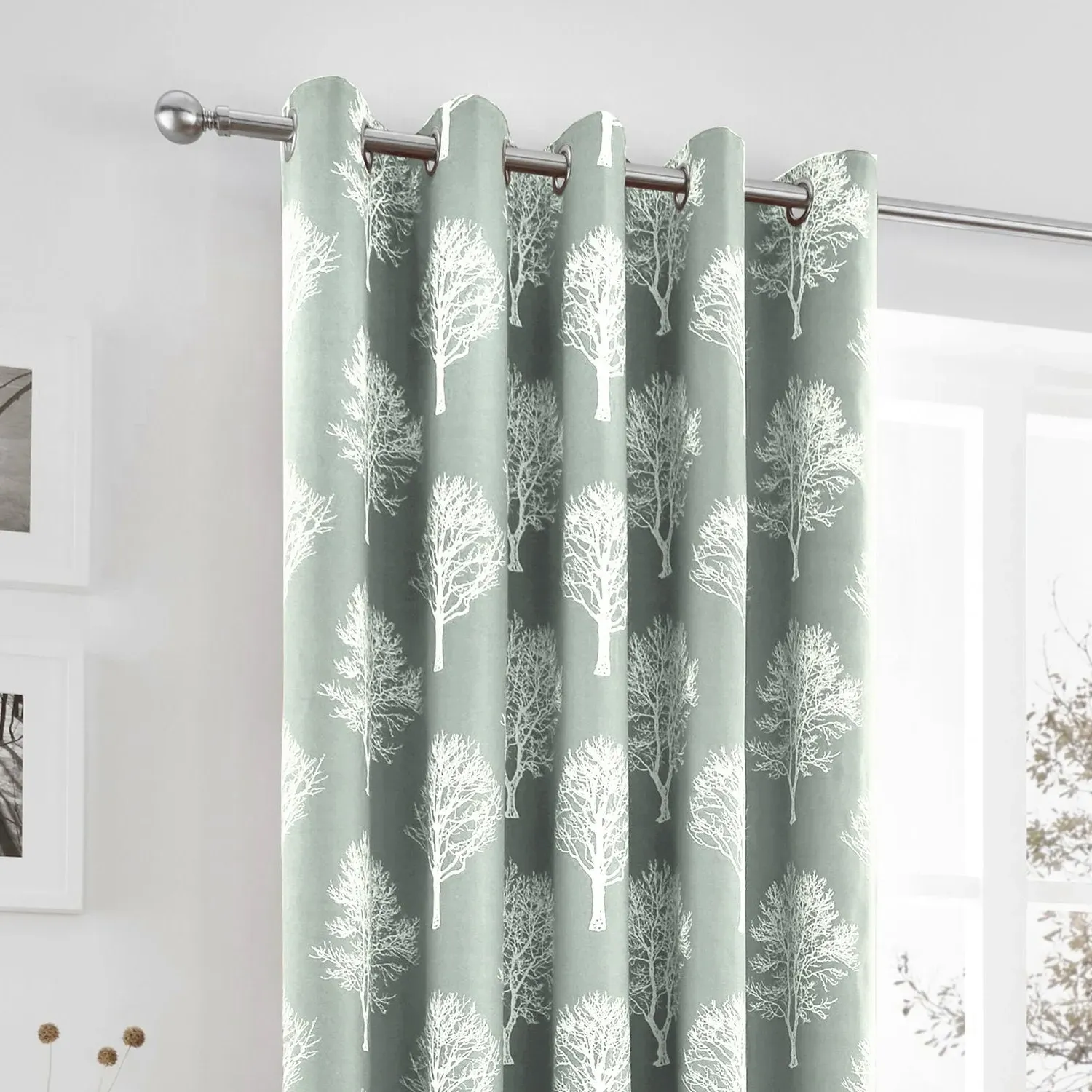 Eyelet Curtains with Tree Print - Duck Egg, Cotton image