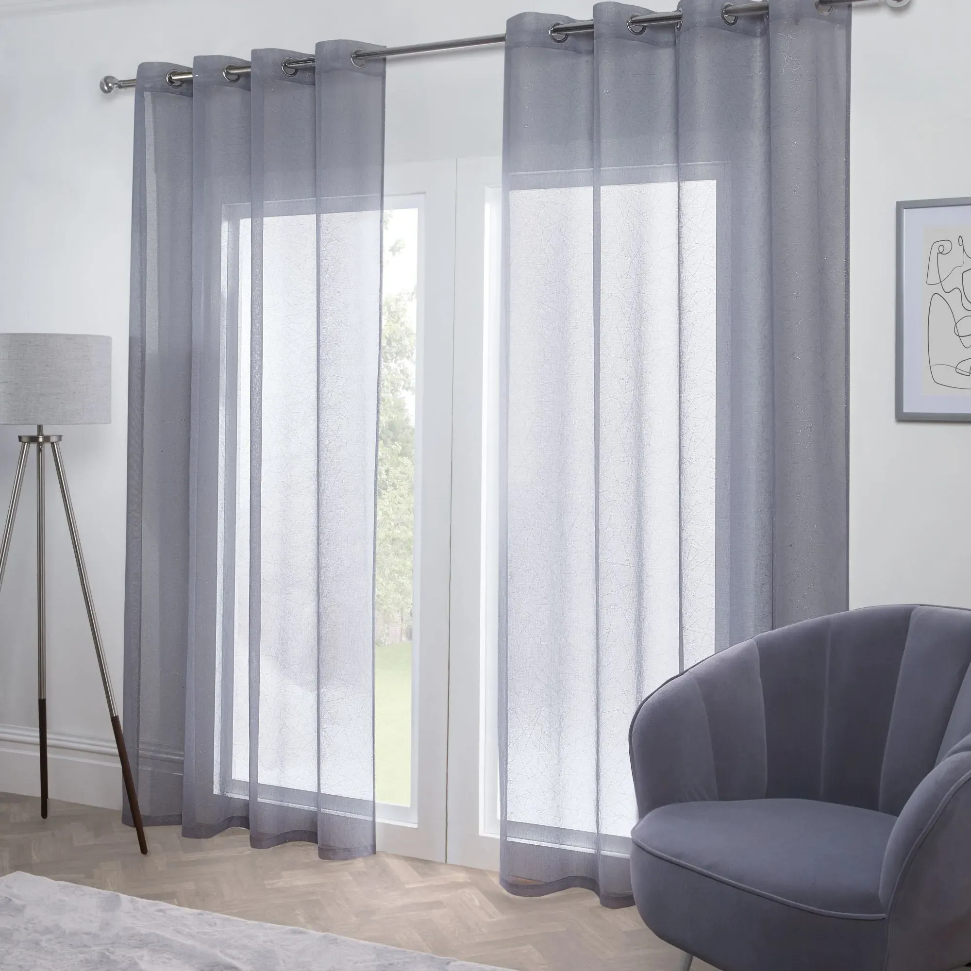 Eyelet Voile Curtain Panel - Grey, Metallic