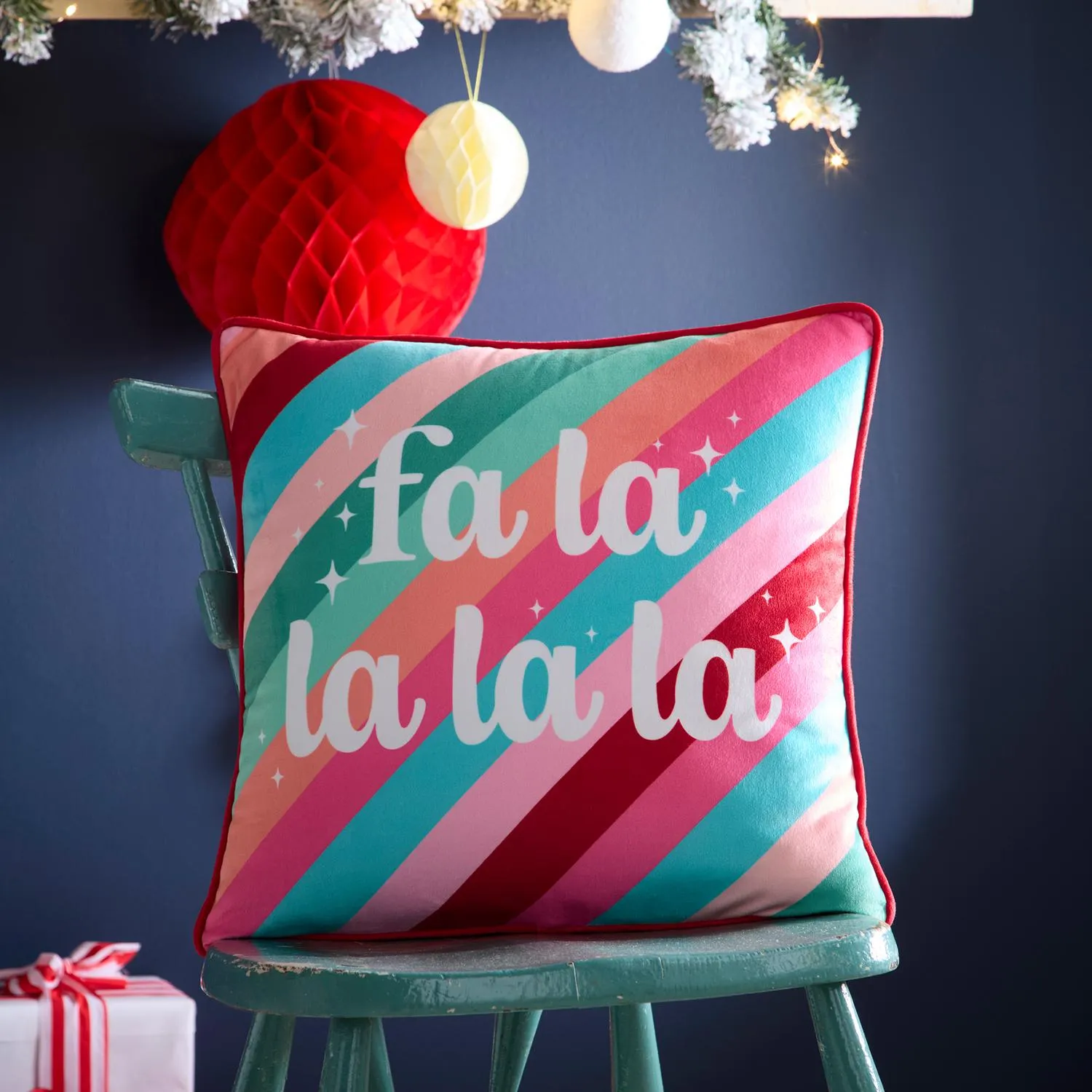 Fa La La Christmas Cushion - Pink, Velvet by Julian Charles