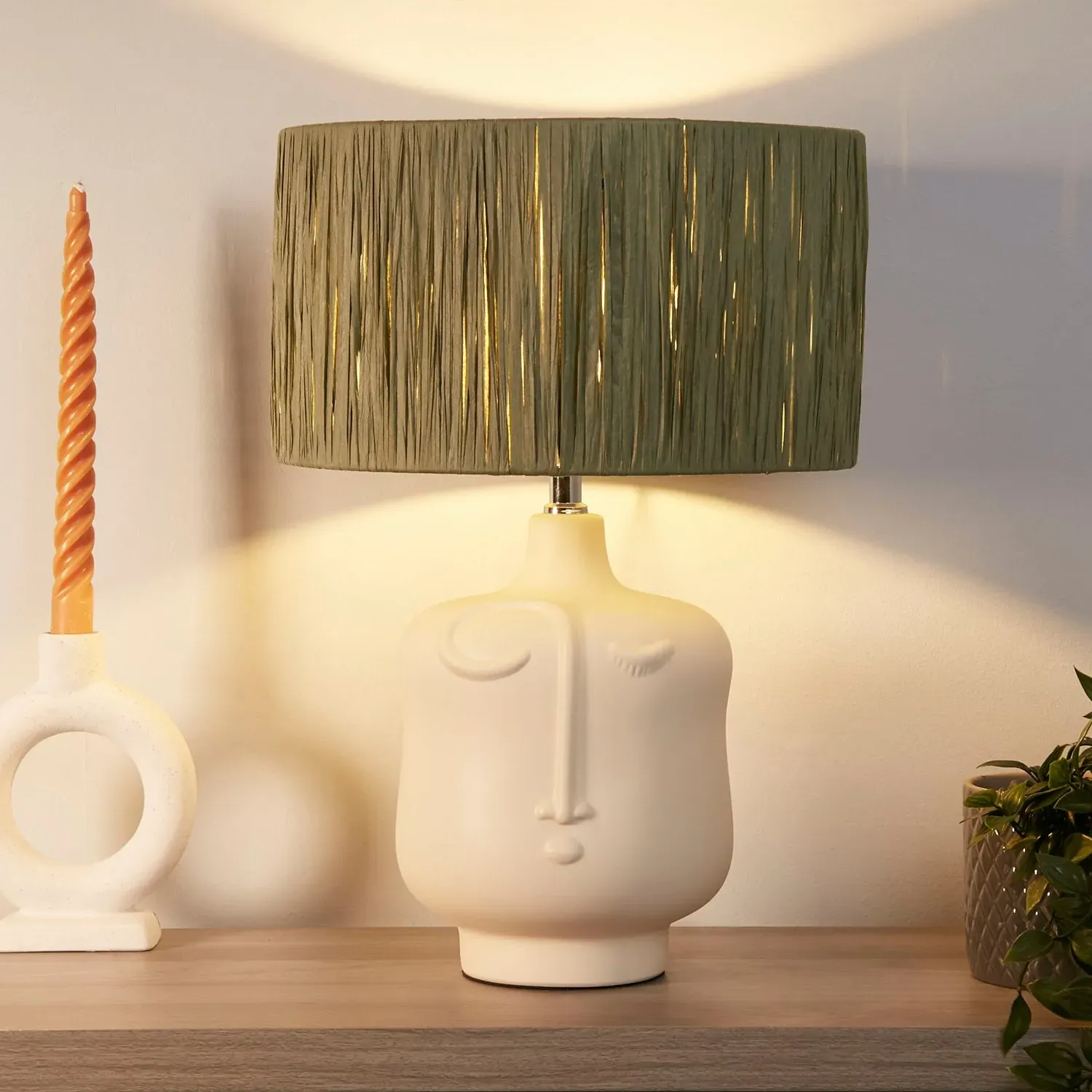 Face Ceramic Table Lamp - White, Raffia