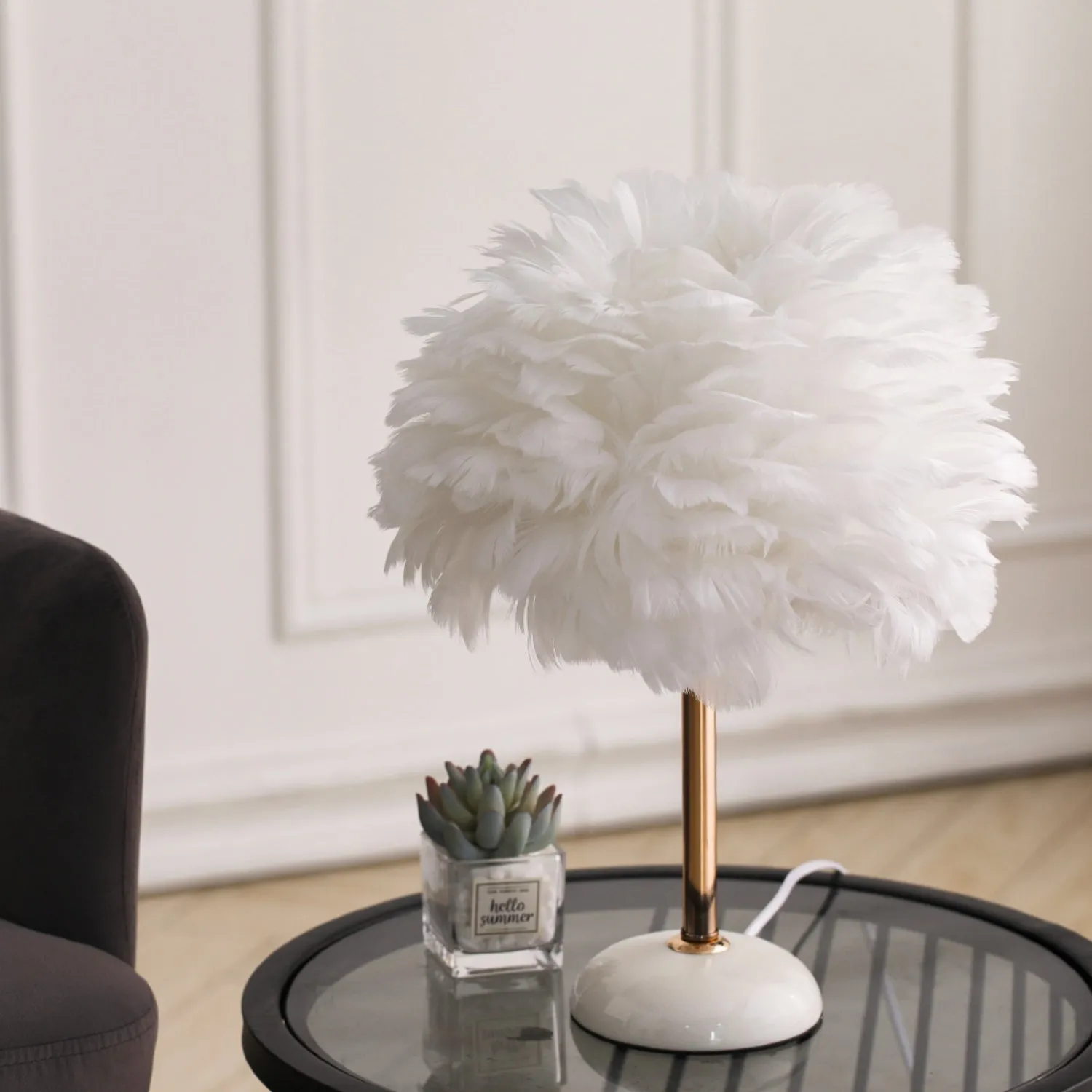 Faux Feather LED Table Lamp - White product