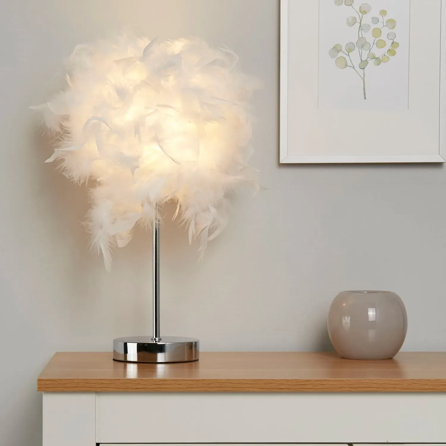 Feather Shade Table Lamp - White, Chrome Base
