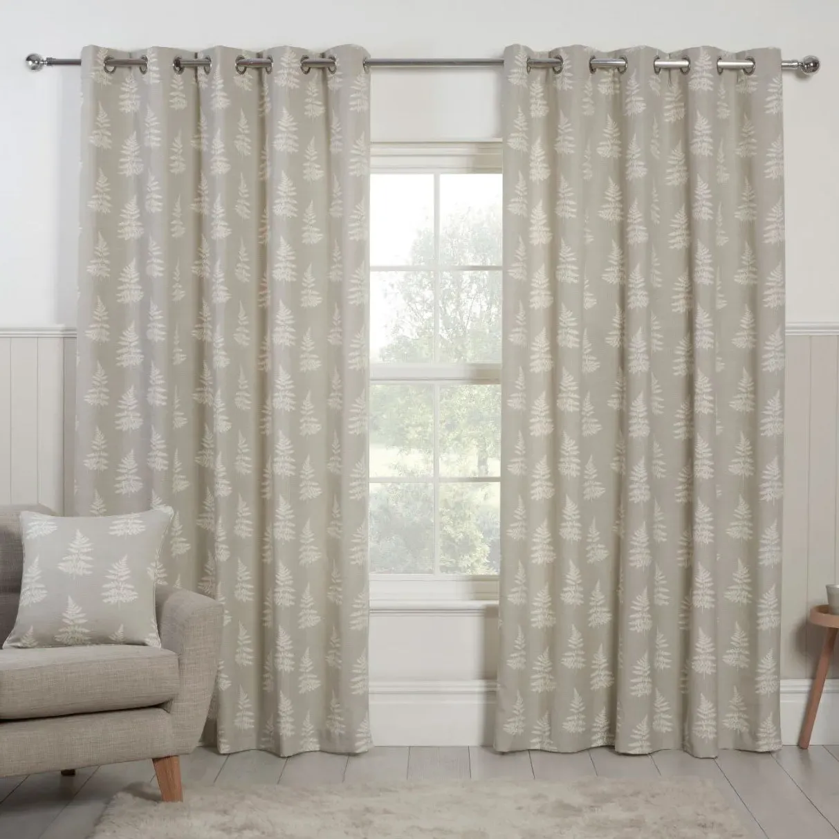 Fern Print Eyelet Curtain - Grey, Polycotton