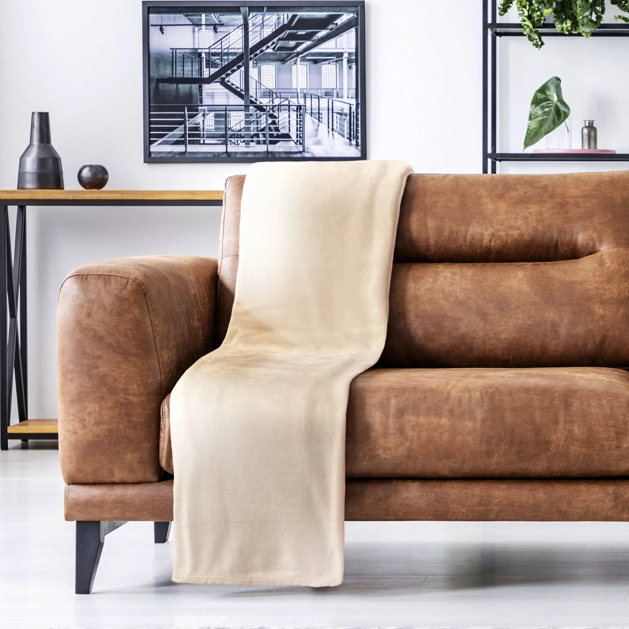 Flannel Fleece Throw - Cream, Polyester