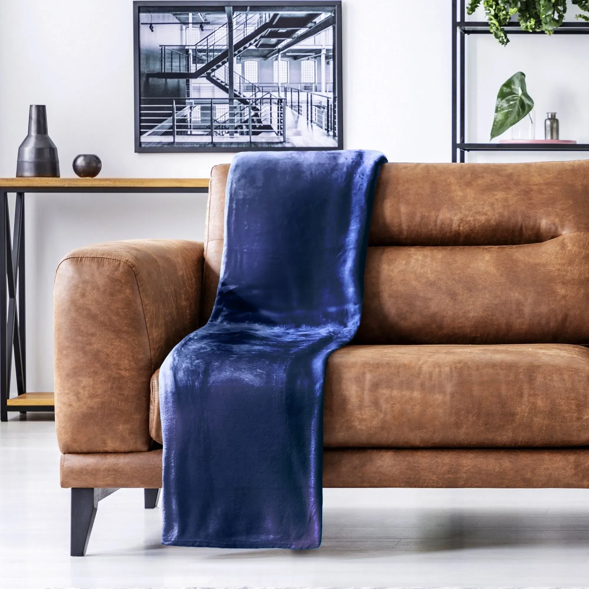 Flannel Fleece Throw - Navy Blue, Polyester