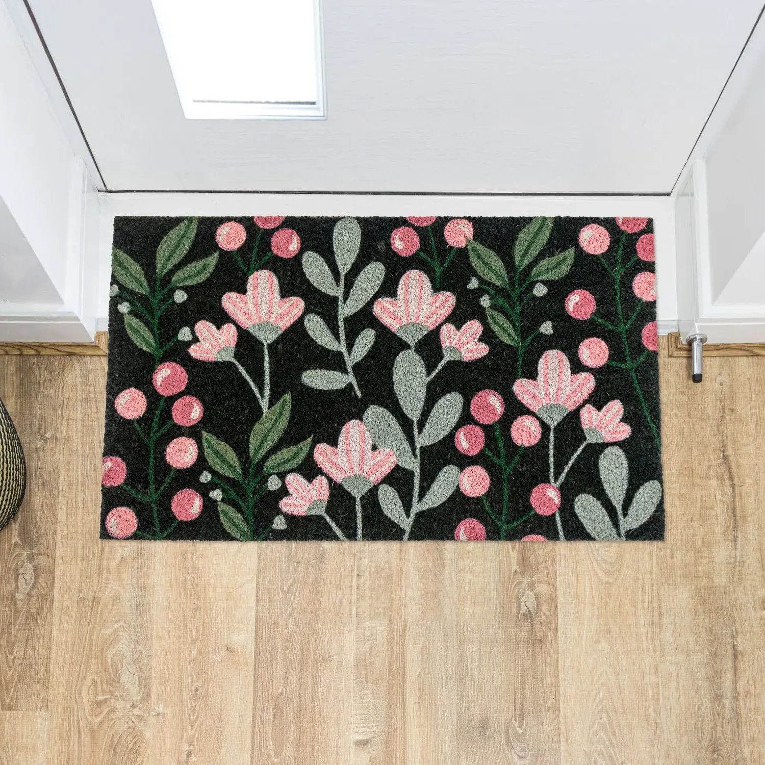 Floral Coir Entrance Doormat - Black, Natural Latex product