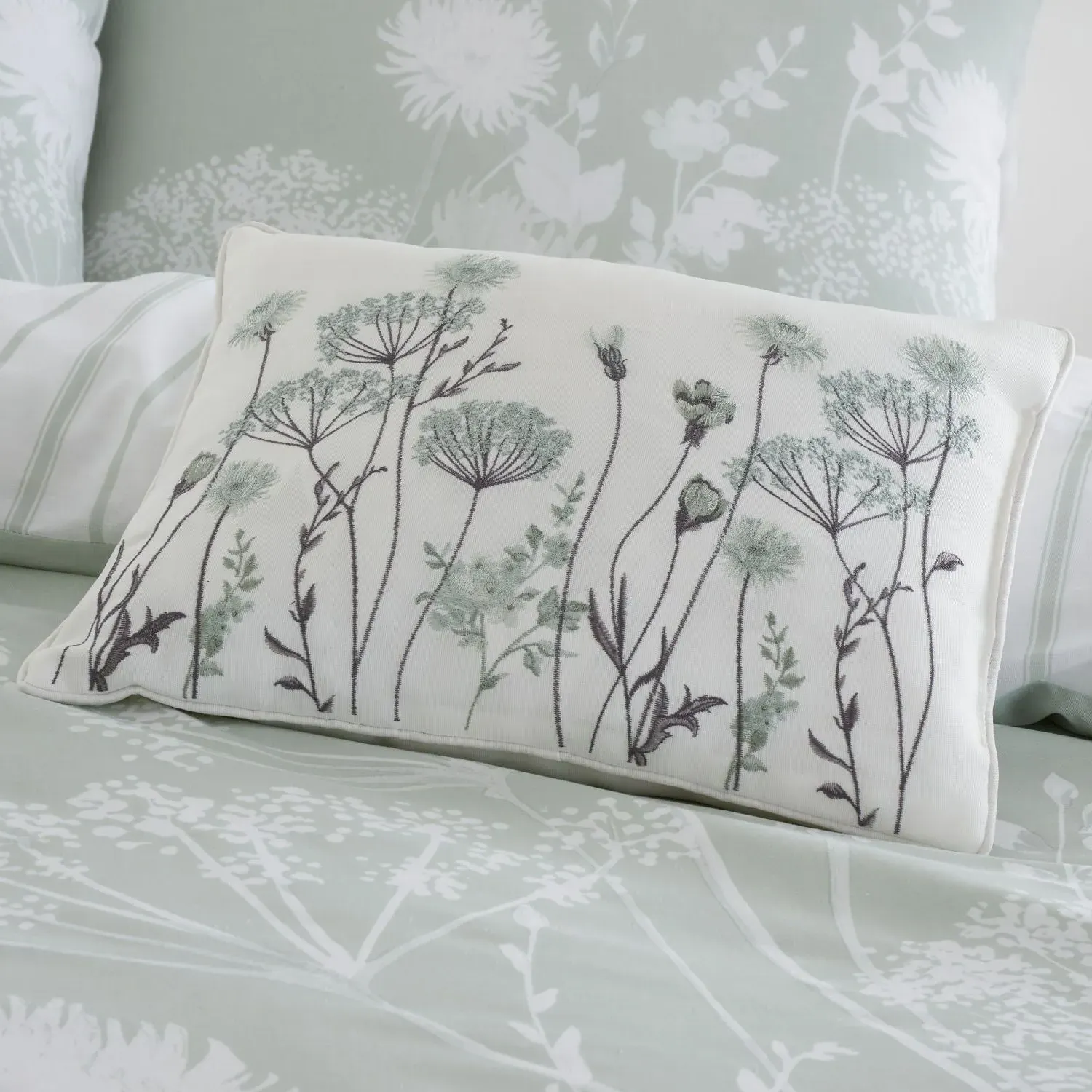 Floral Embroidered Cushion - Green