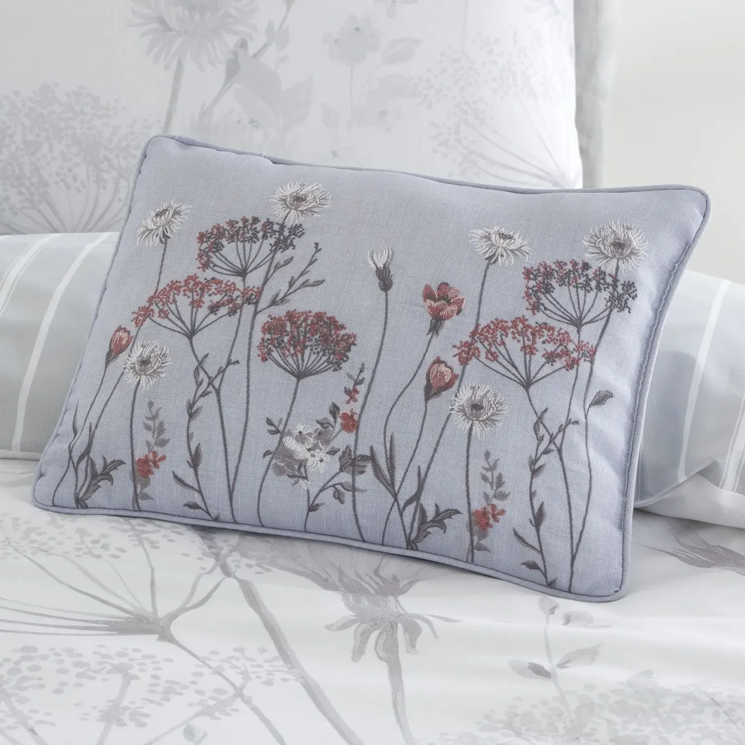 Floral Embroidered Cushion - Grey