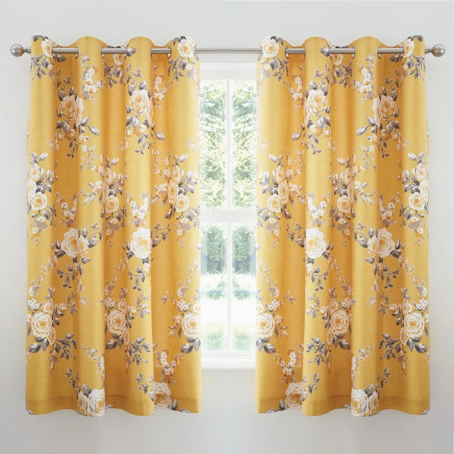 Floral Lined Eyelet Curtains - Yellow, Cotton