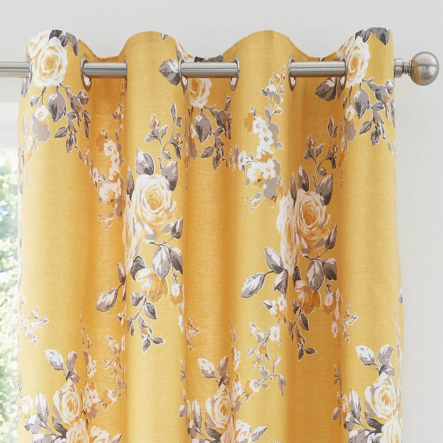Floral Lined Eyelet Curtains - Yellow, Cotton
