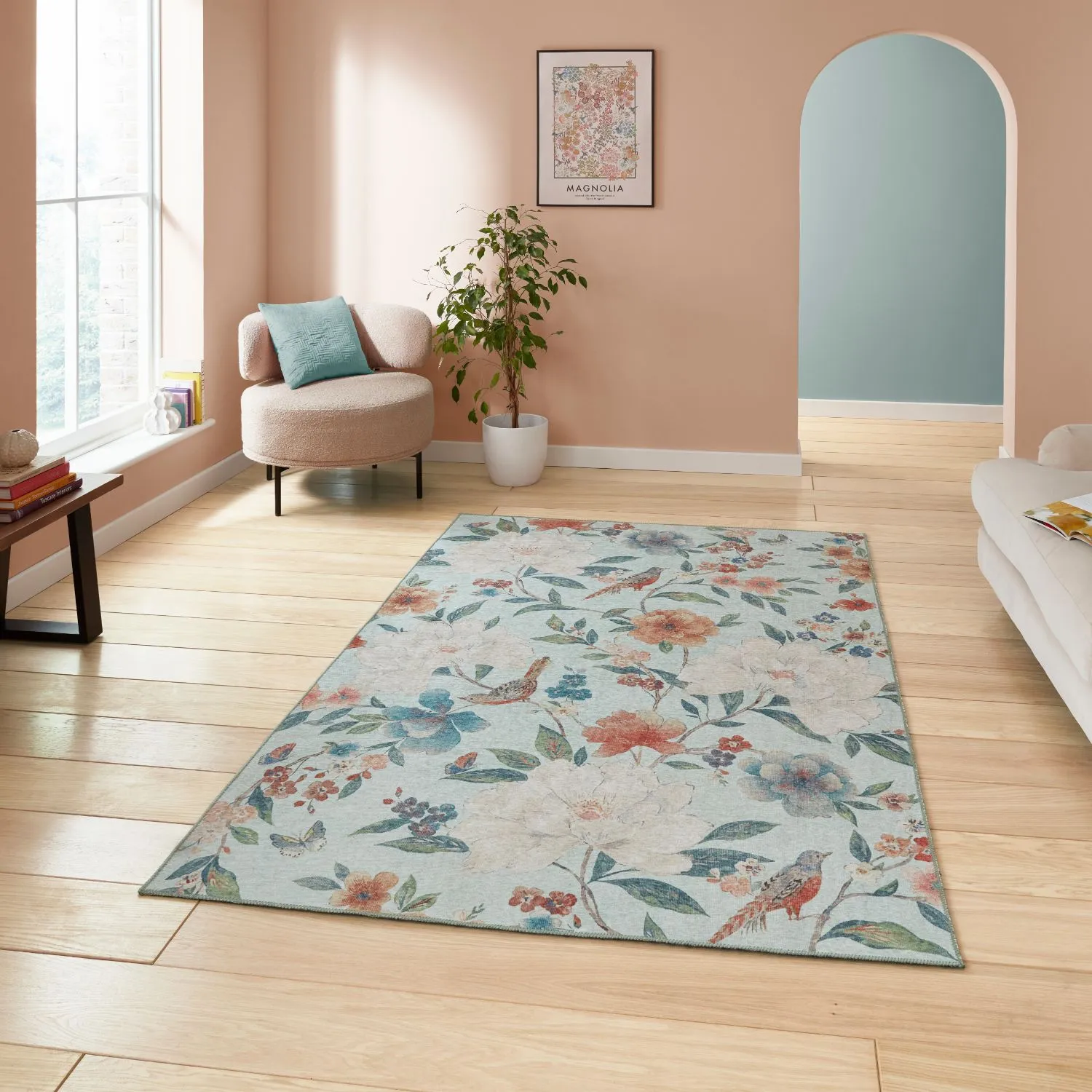 Floral Rug with Digital Print - Blue, Polyester