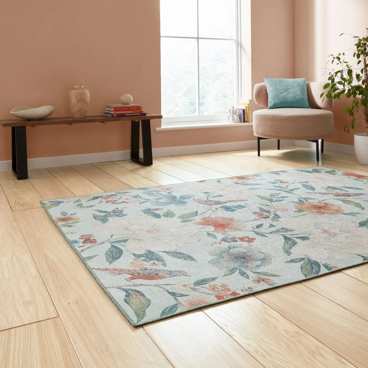 Floral Rug with Digital Print - Blue, Polyester