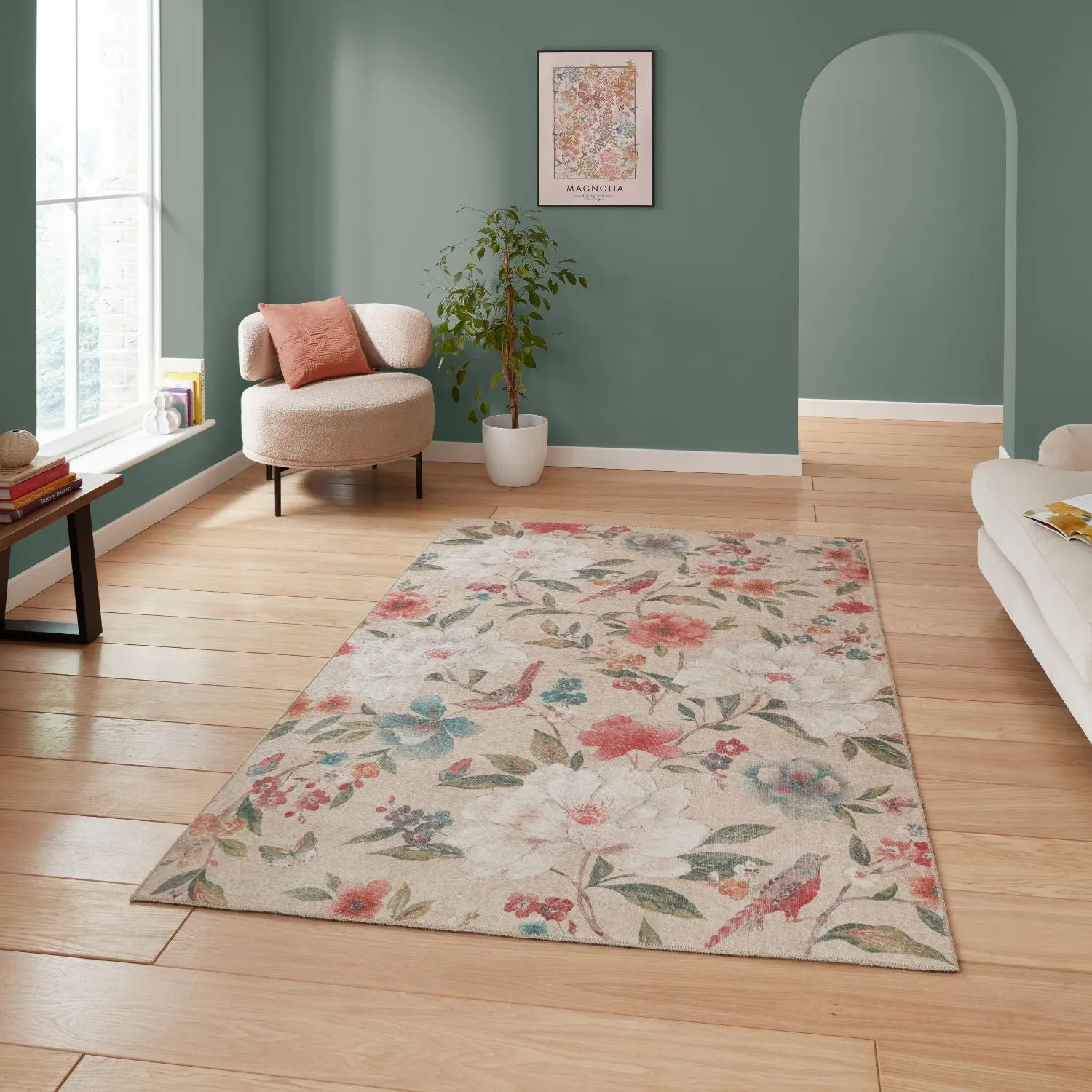 Floral Rug with Flat Weave - Natural, Polyester