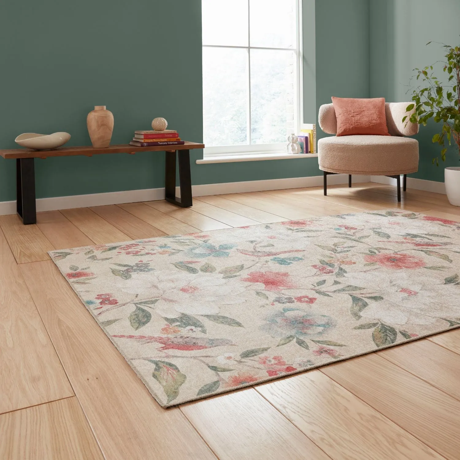 Floral Rug with Flat Weave - Natural, Polyester