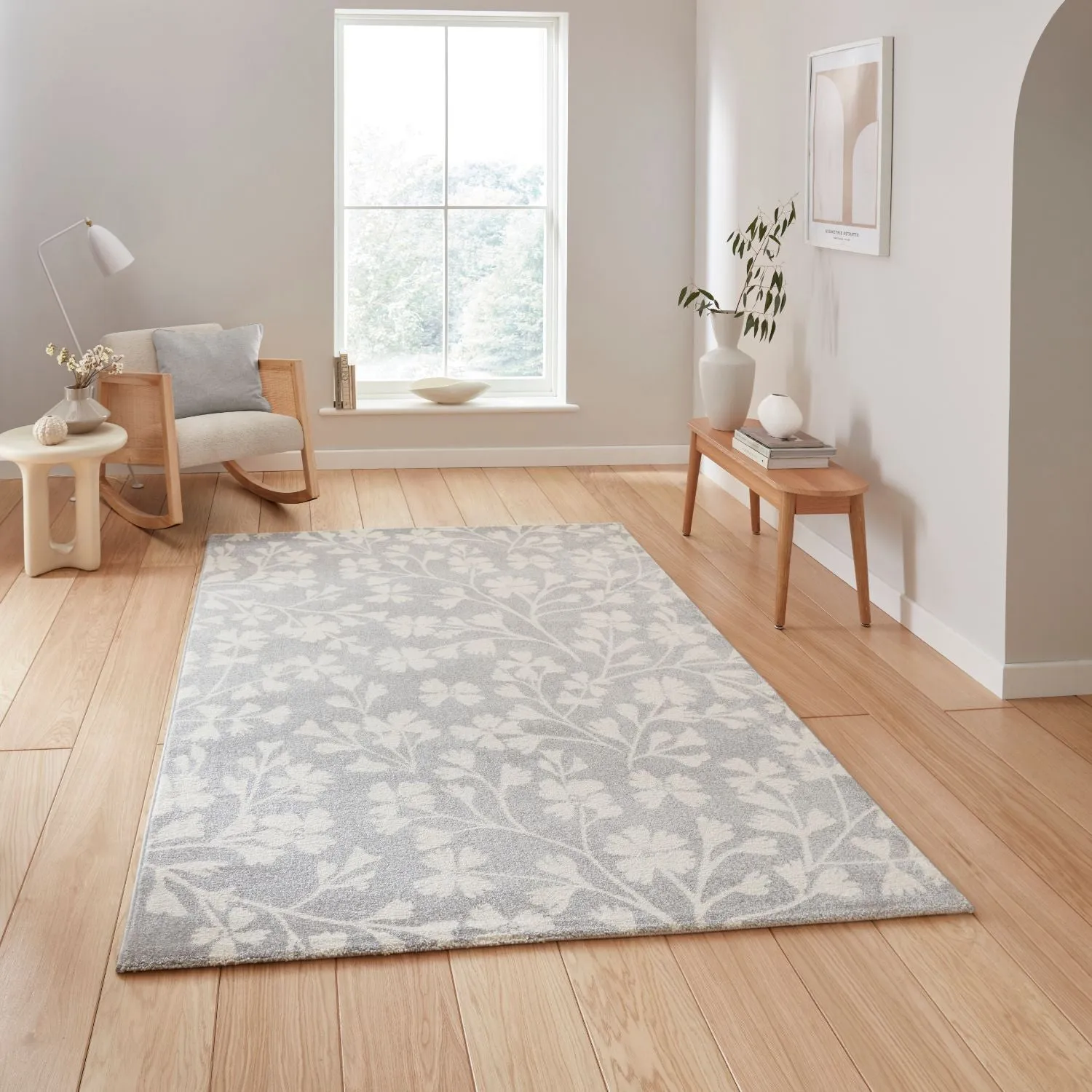 Floral Rug with Hand-Carved Detail - Grey