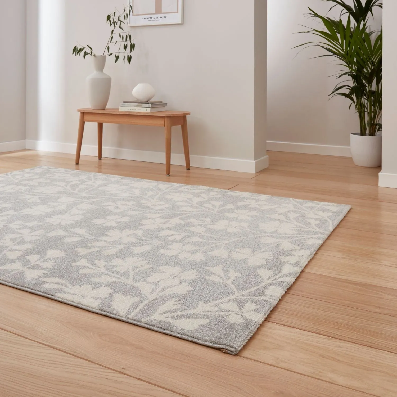 Floral Rug with Hand-Carved Detail - Grey
