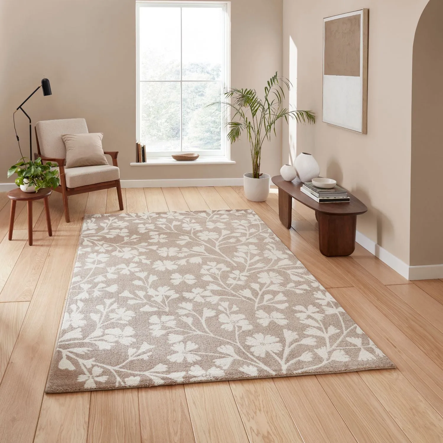 Floral Rug with Hand-Carved Detail - Natural