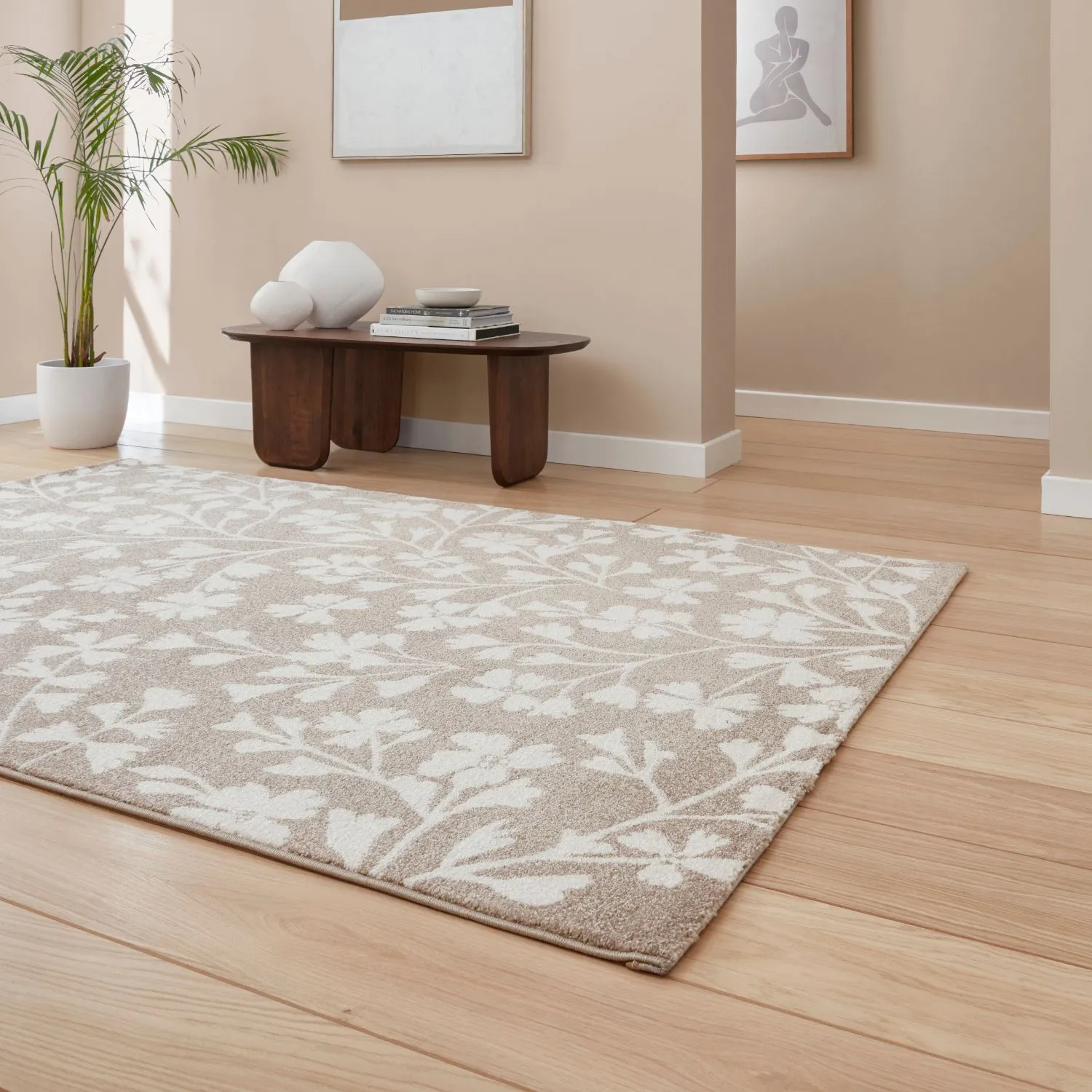 Floral Rug with Hand-Carved Detail - Natural