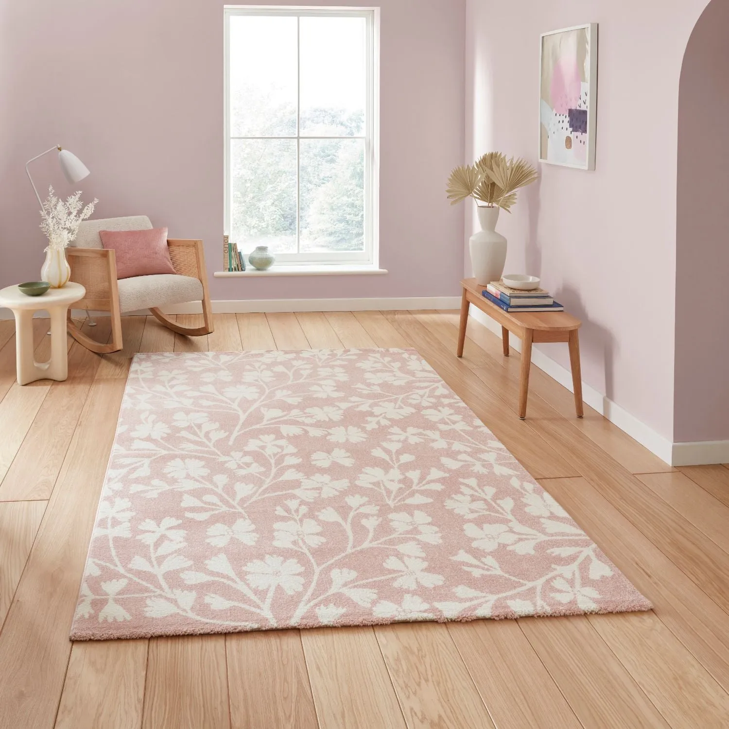 Floral Rug with Hand-Carved Detail - Pink
