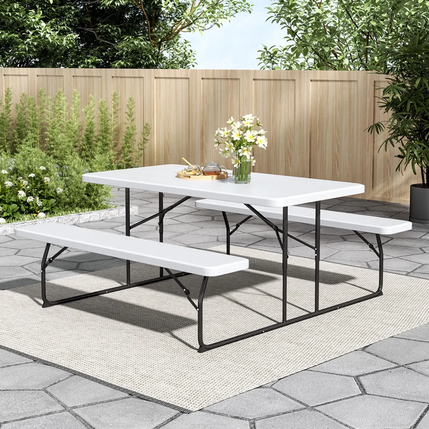Foldable 6-Seater Picnic Table and Bench Set - White product