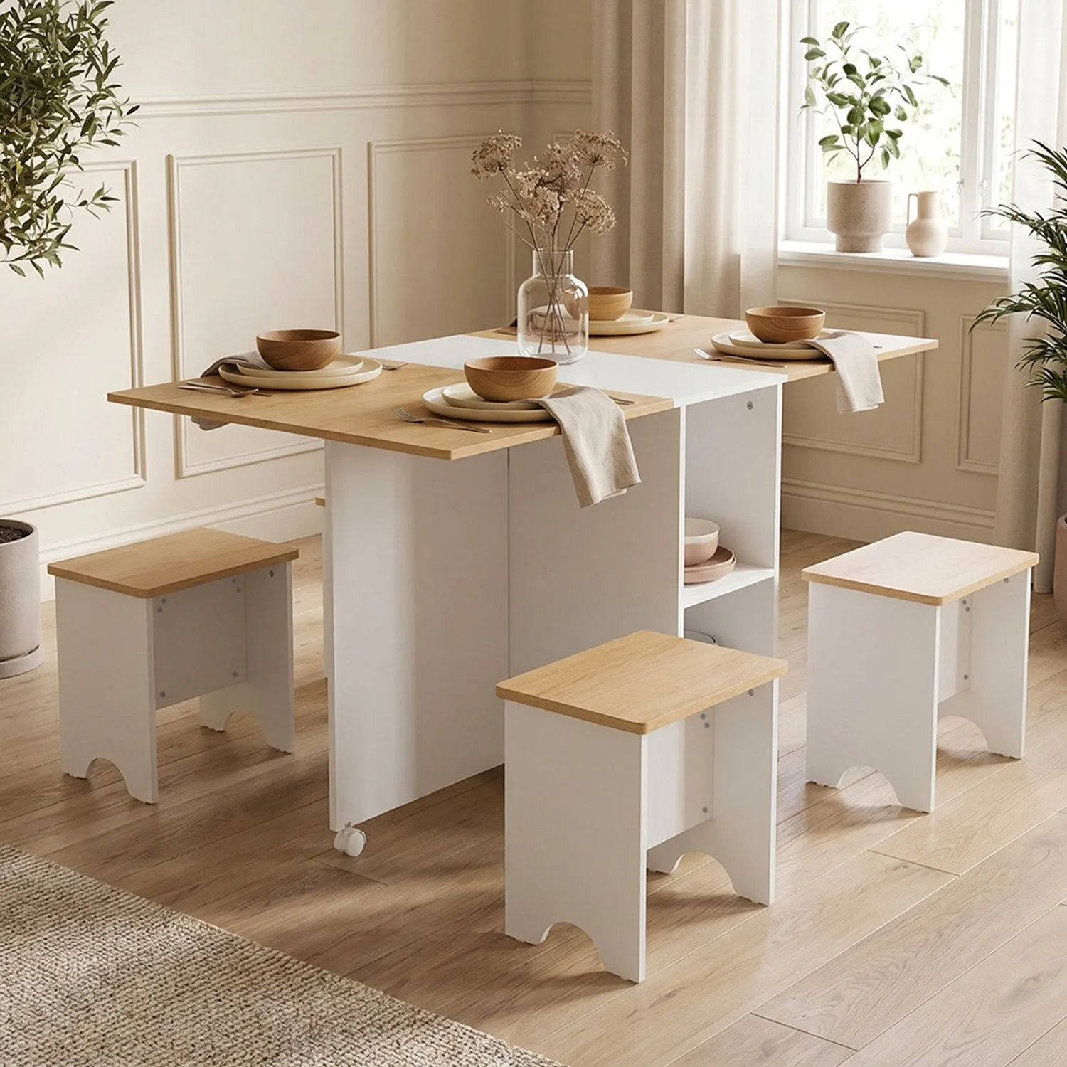 Folding Dining Table Set with Storage Shelves - White, Wood by Julian Charles