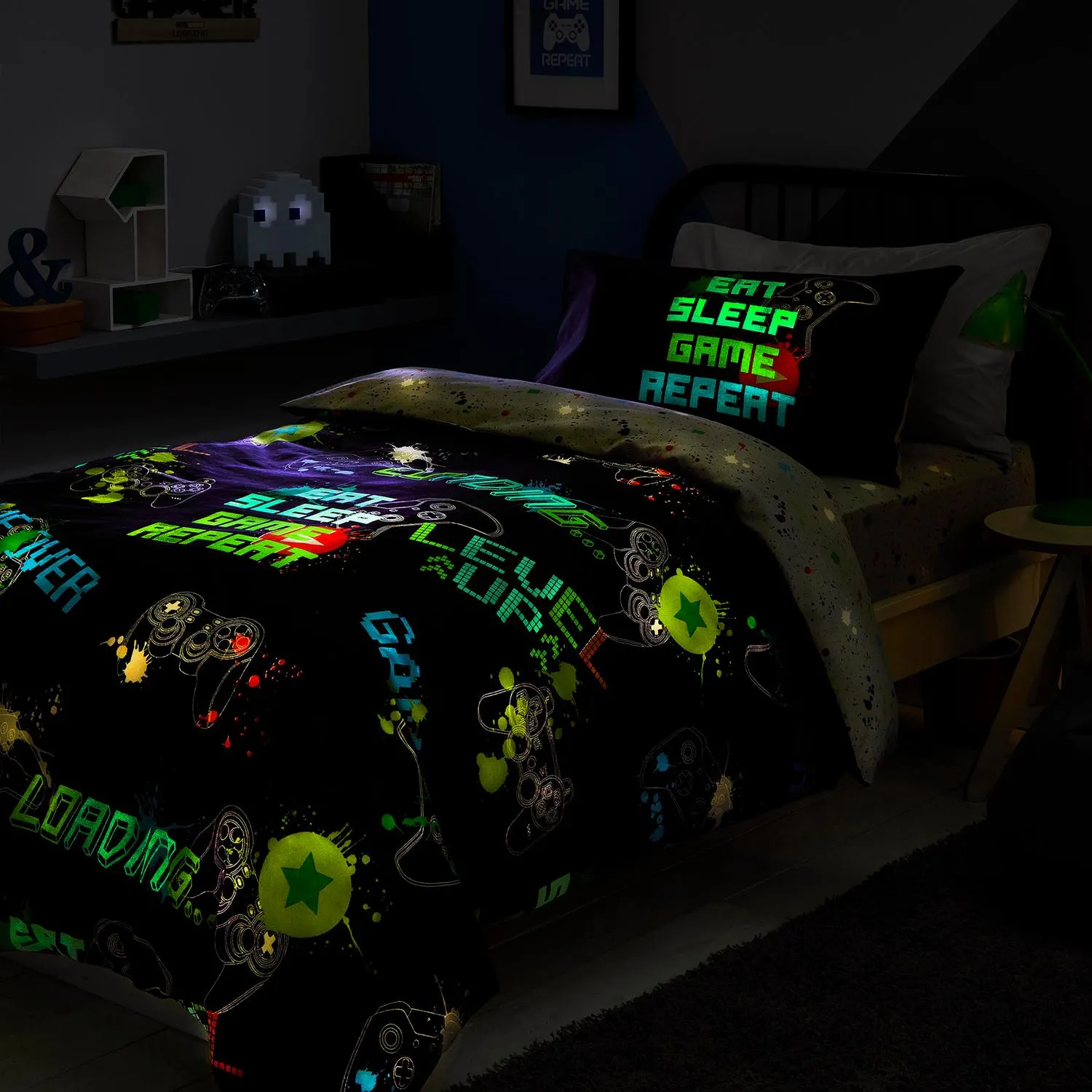 Game Glow Single Duvet Set Glow in the Dark - Black, Polycotton alternate view