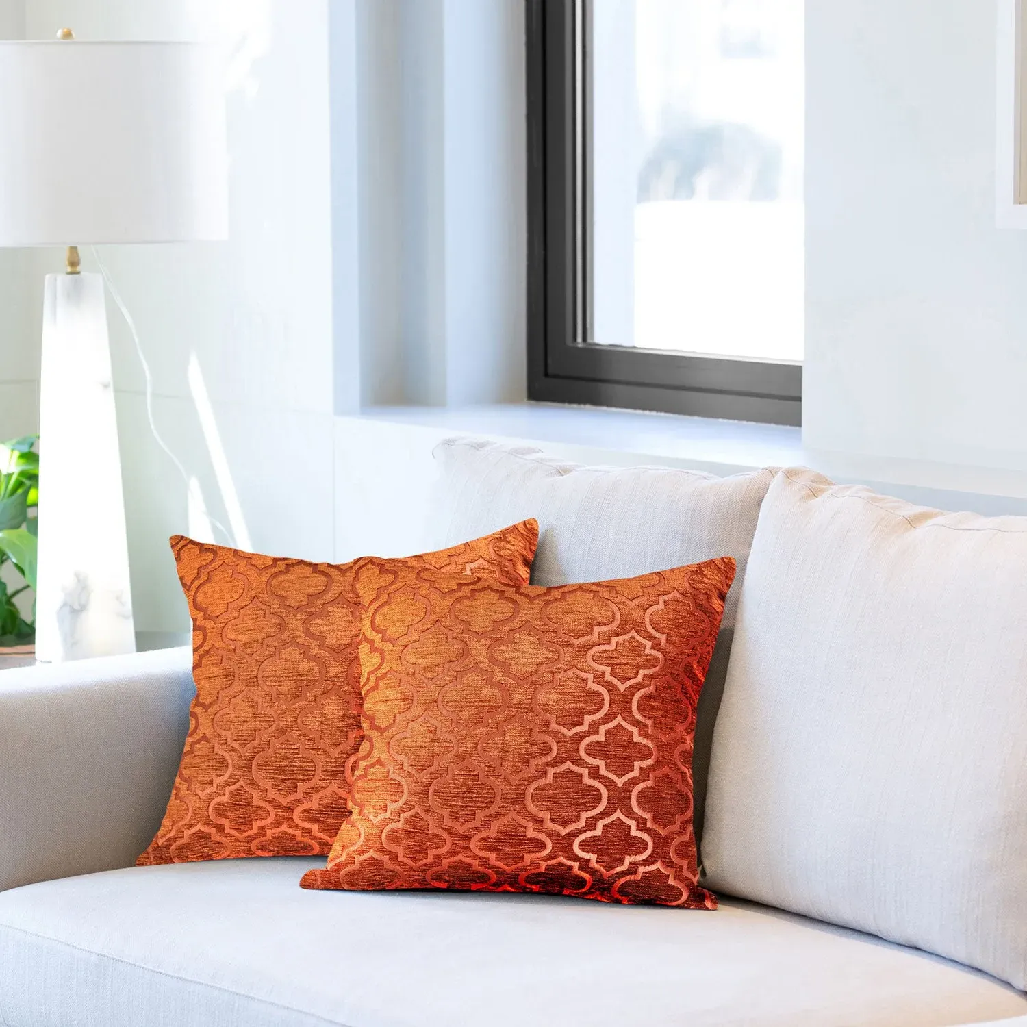Geometric Cushion Covers Pair - Orange, Jacquard
