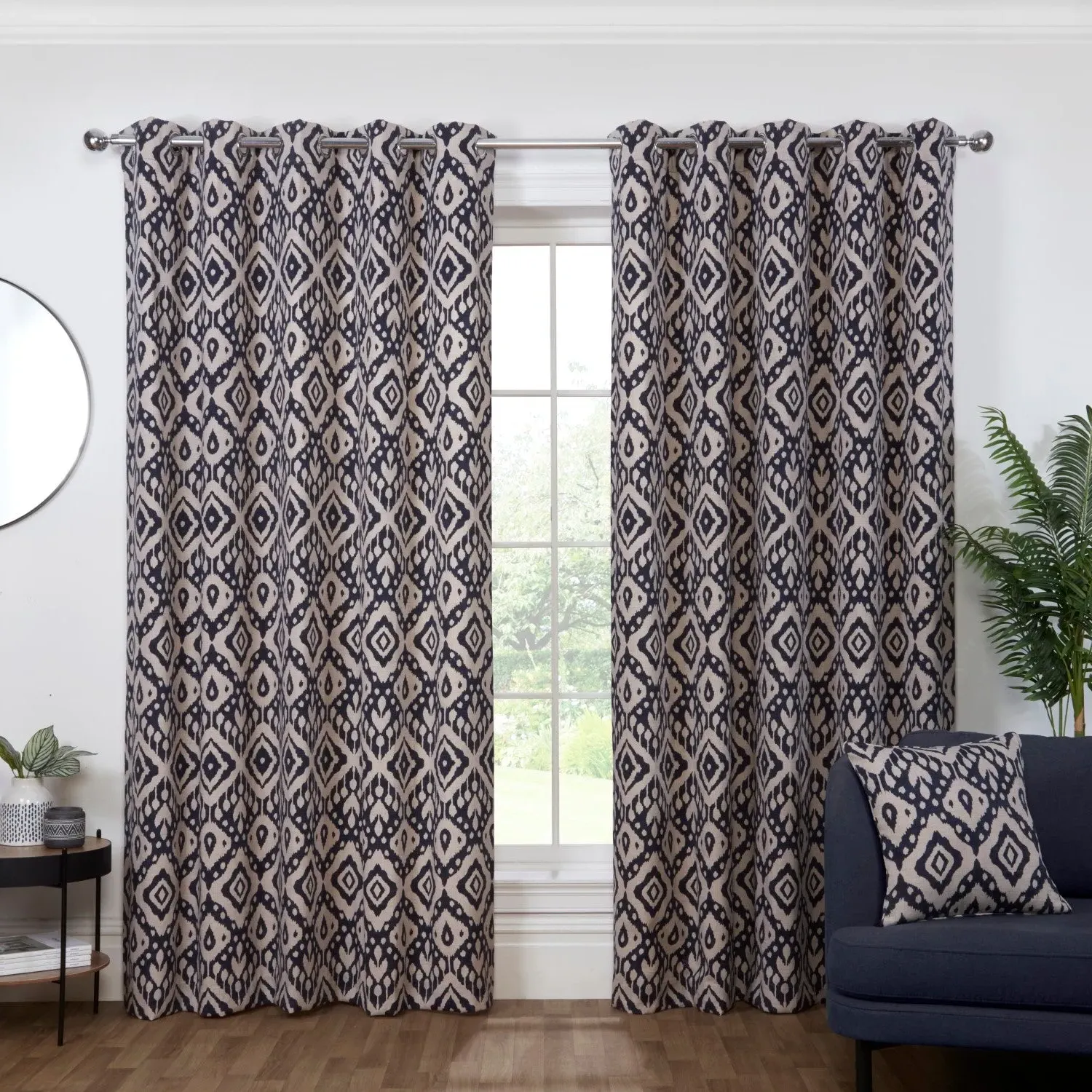 Geometric Eyelet Curtains - Navy Blue