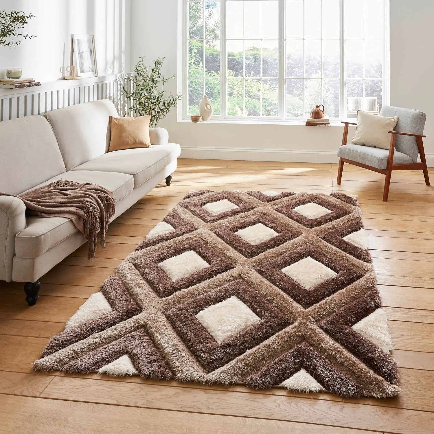 Geometric Rug Hand-Carved - Brown, Polypropylene