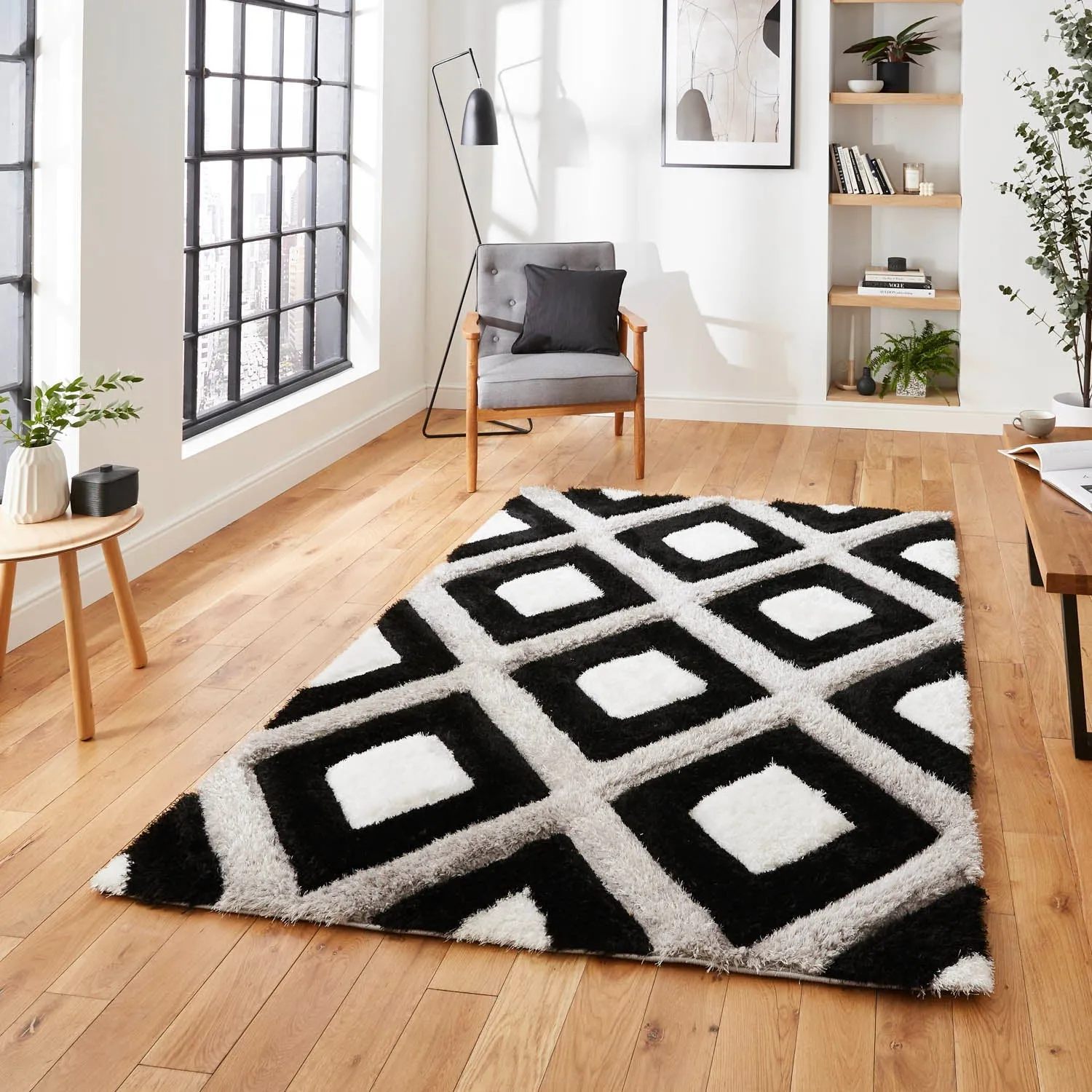 Geometric Rug with 3D Effect - Black, Polypropylene
