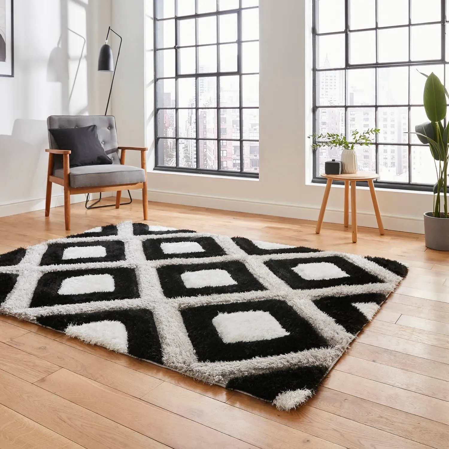 Geometric Rug with 3D Effect - Black, Polypropylene image