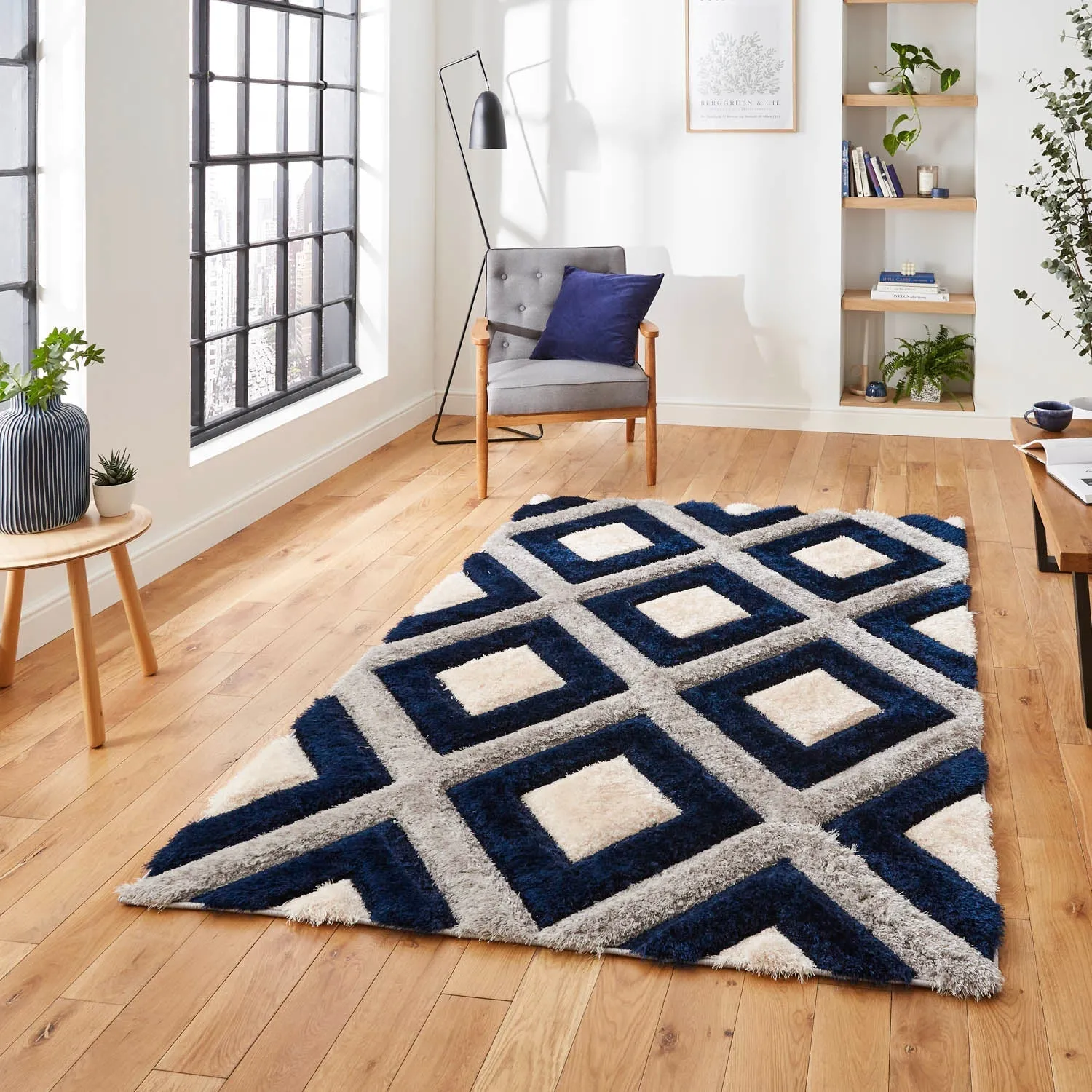 Geometric Rug with 3D Effect - Grey, Polypropylene