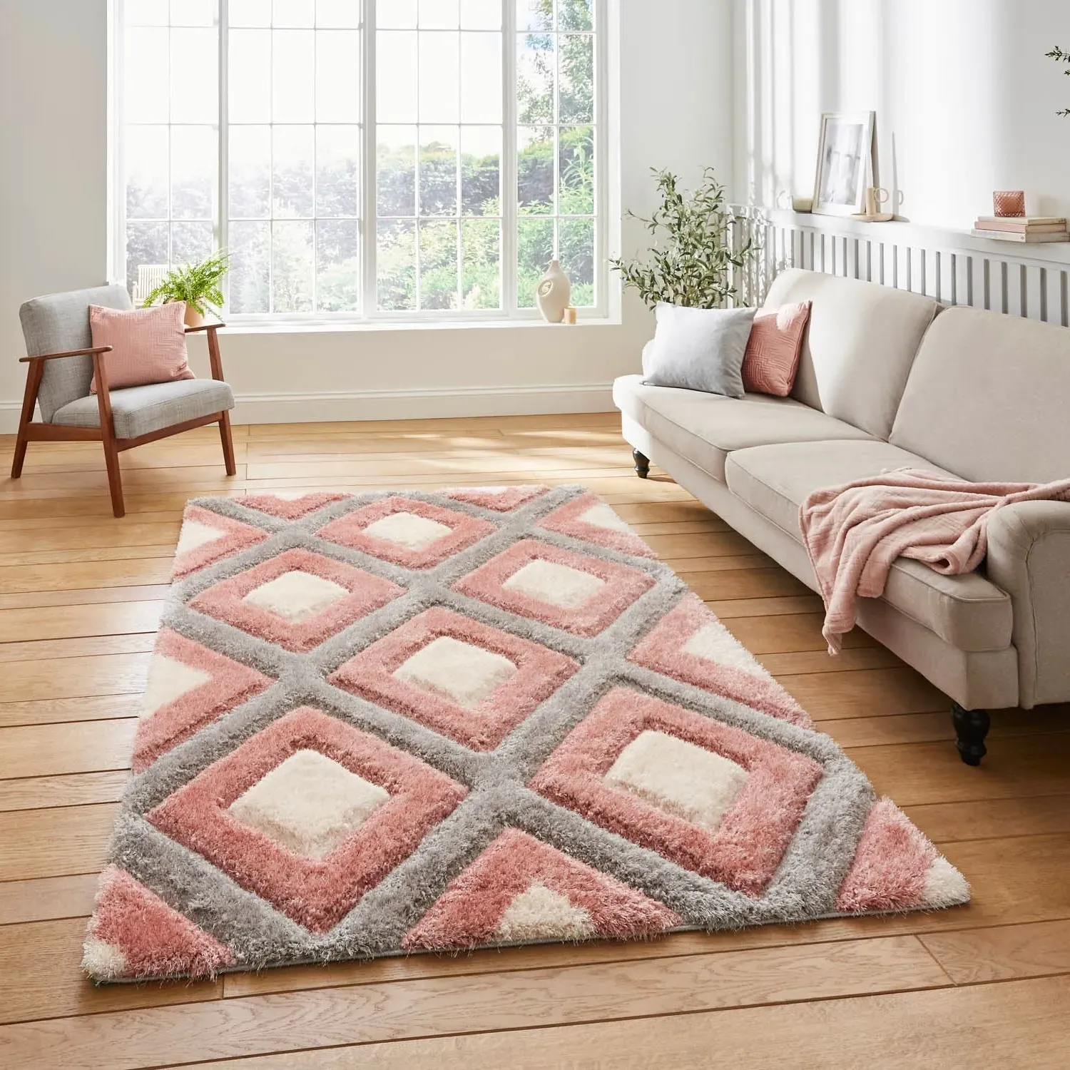 Geometric Rug with 3D Effect - Pink, Polypropylene