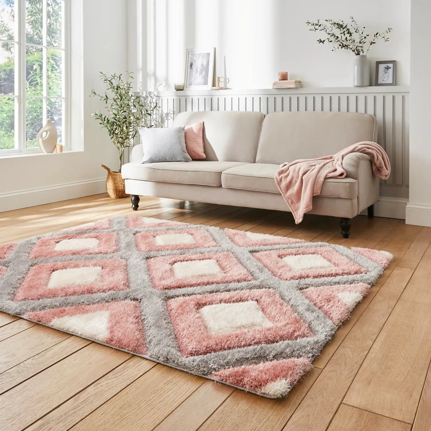 Geometric Rug with 3D Effect - Pink, Polypropylene