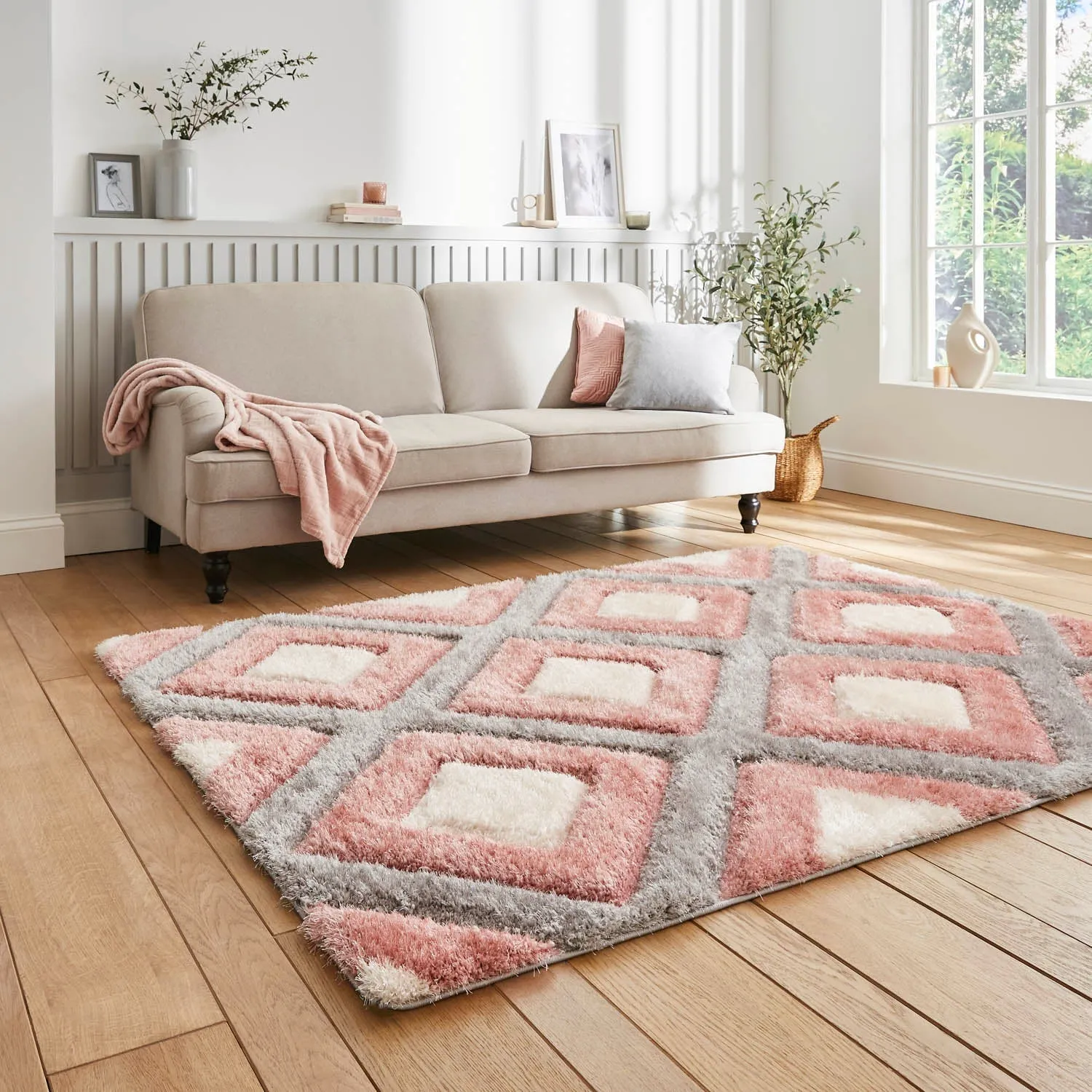 Geometric Rug with 3D Effect - Pink, Polypropylene