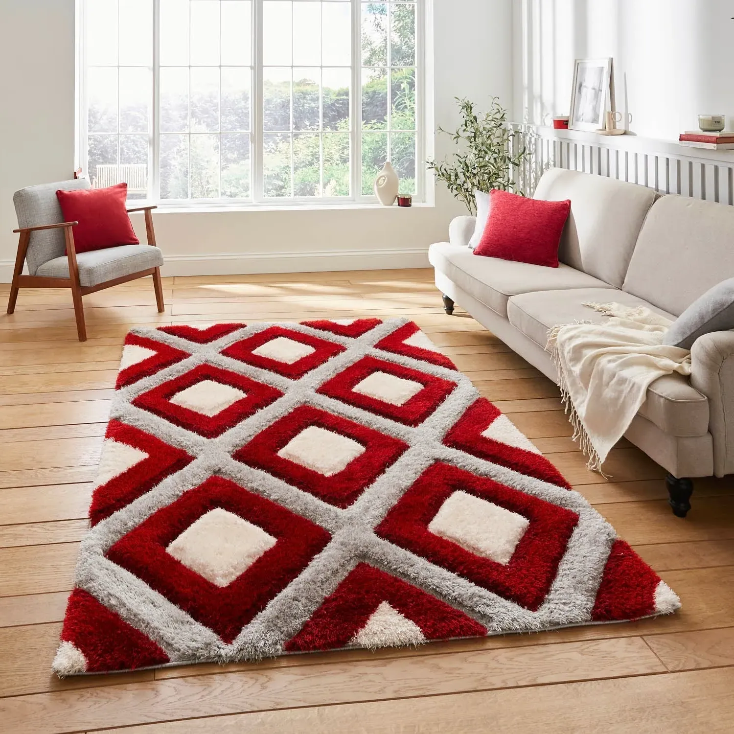 Geometric Rug with 3D Effect - Red, Polypropylene