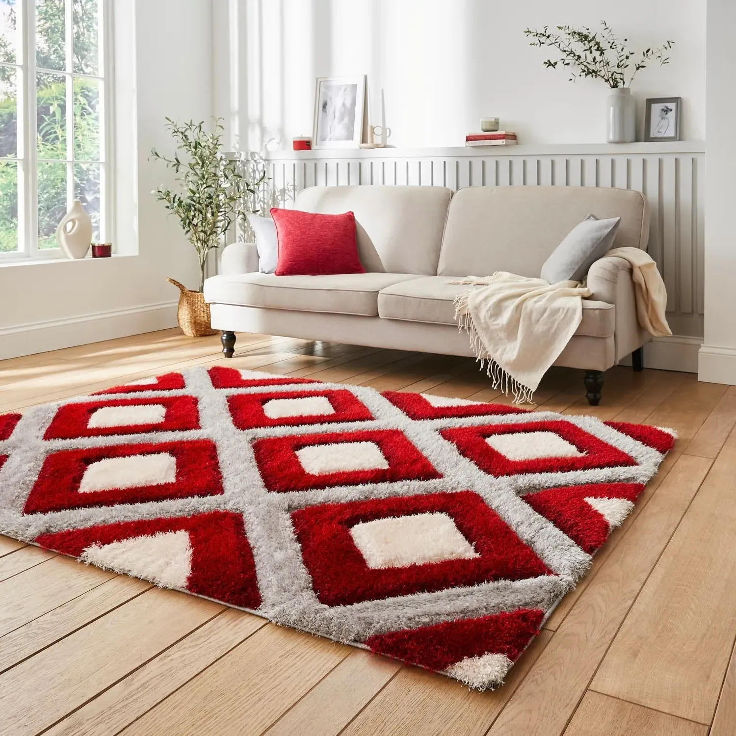 Geometric Rug with 3D Effect - Red, Polypropylene