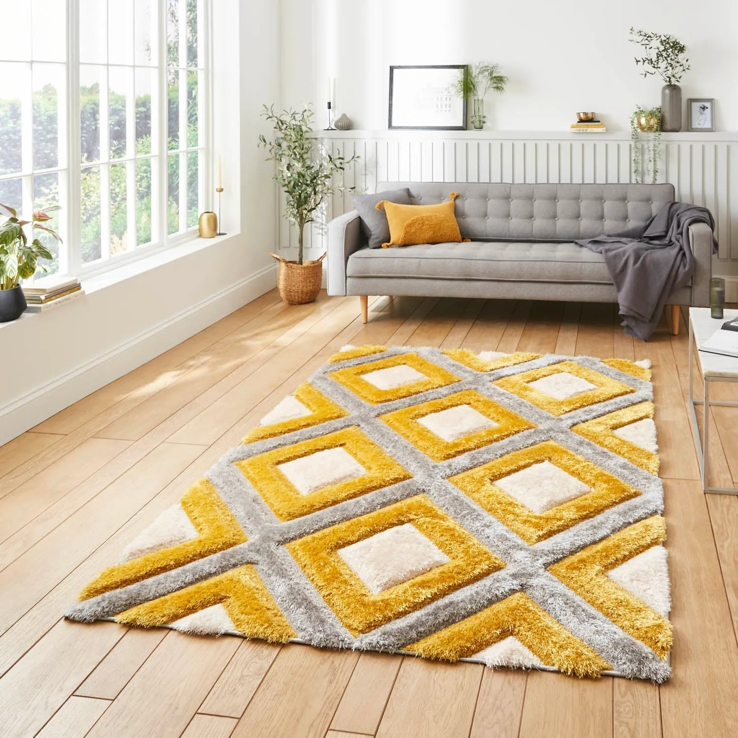 Geometric Rug with 3D Effect - Yellow, Polypropylene