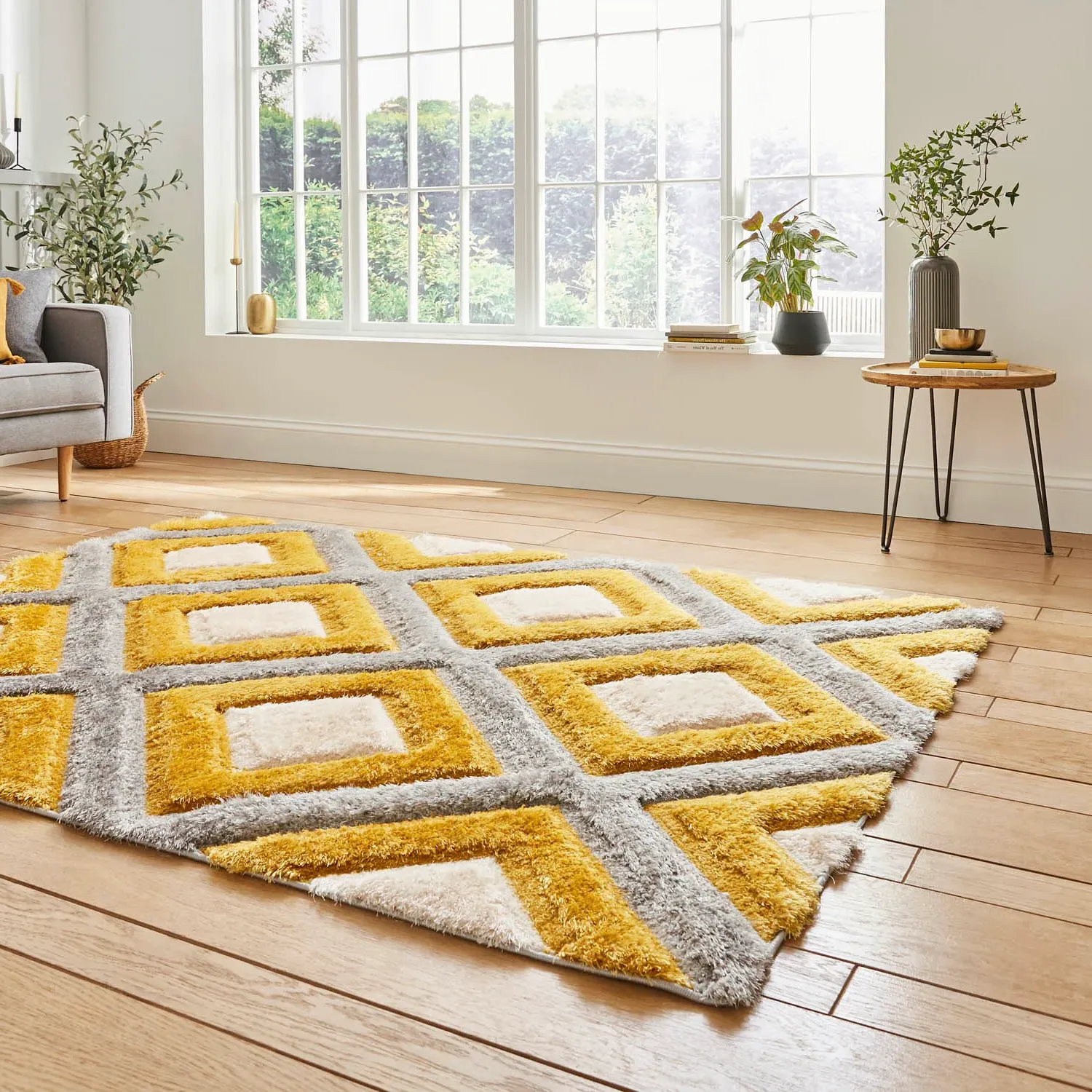 Geometric Rug with 3D Effect - Yellow, Polypropylene