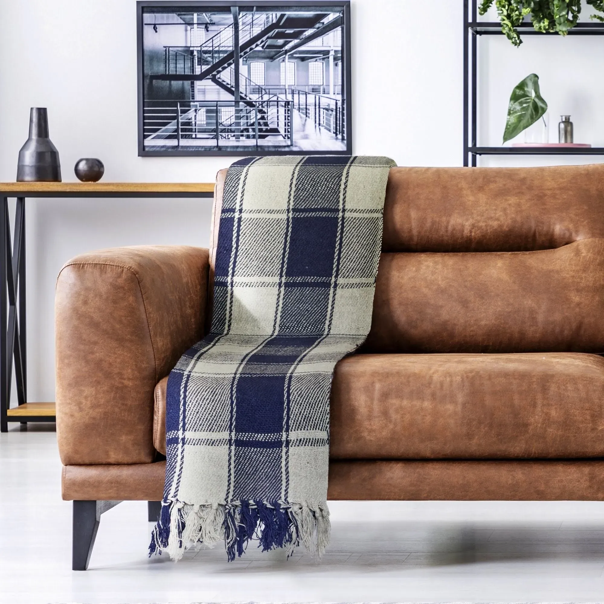 Geometric Throw Blanket - Navy, Recycled Cotton