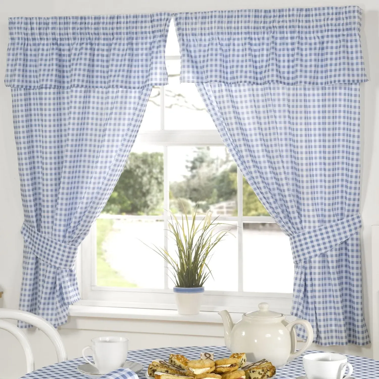 Gingham Curtains with Pelmet Header - Blue