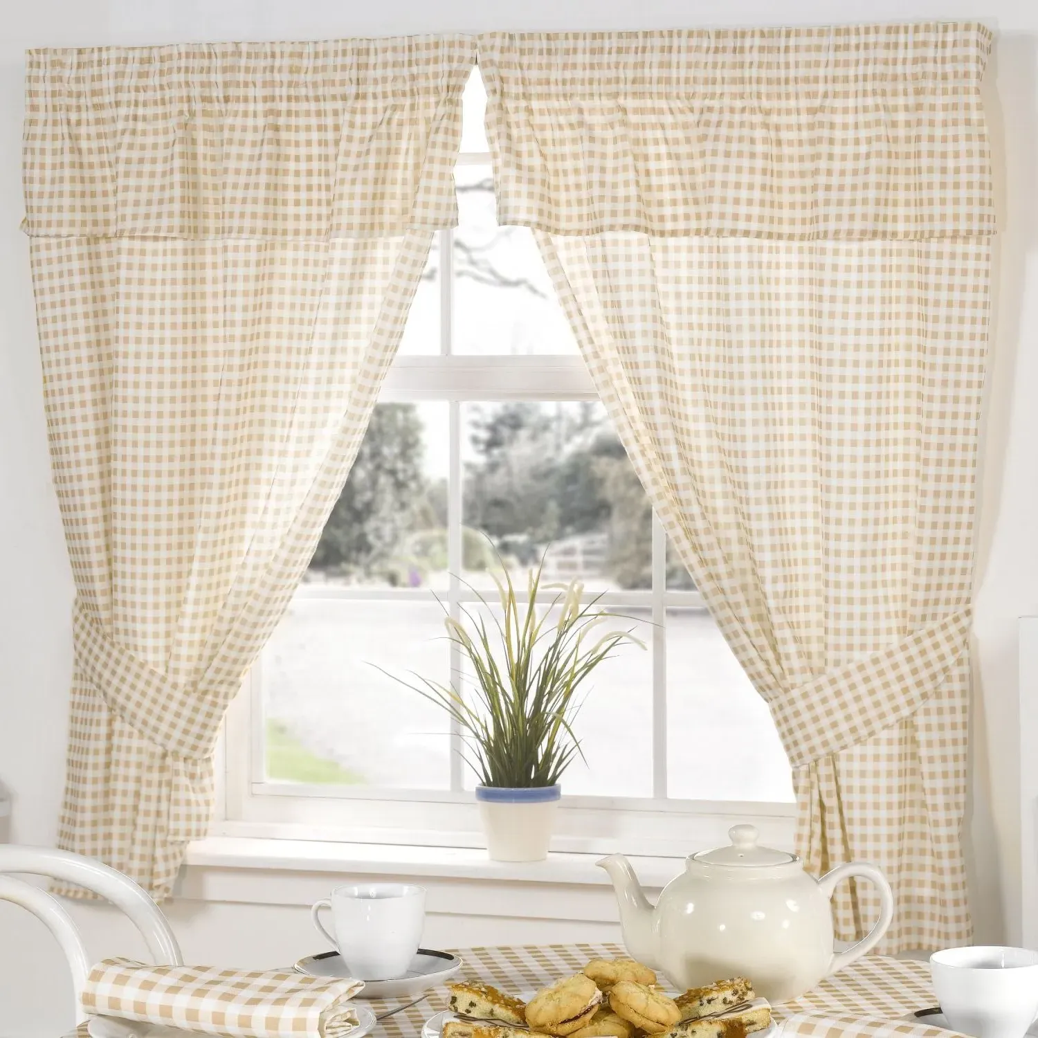 Gingham Curtains with Pelmet Header - Cream