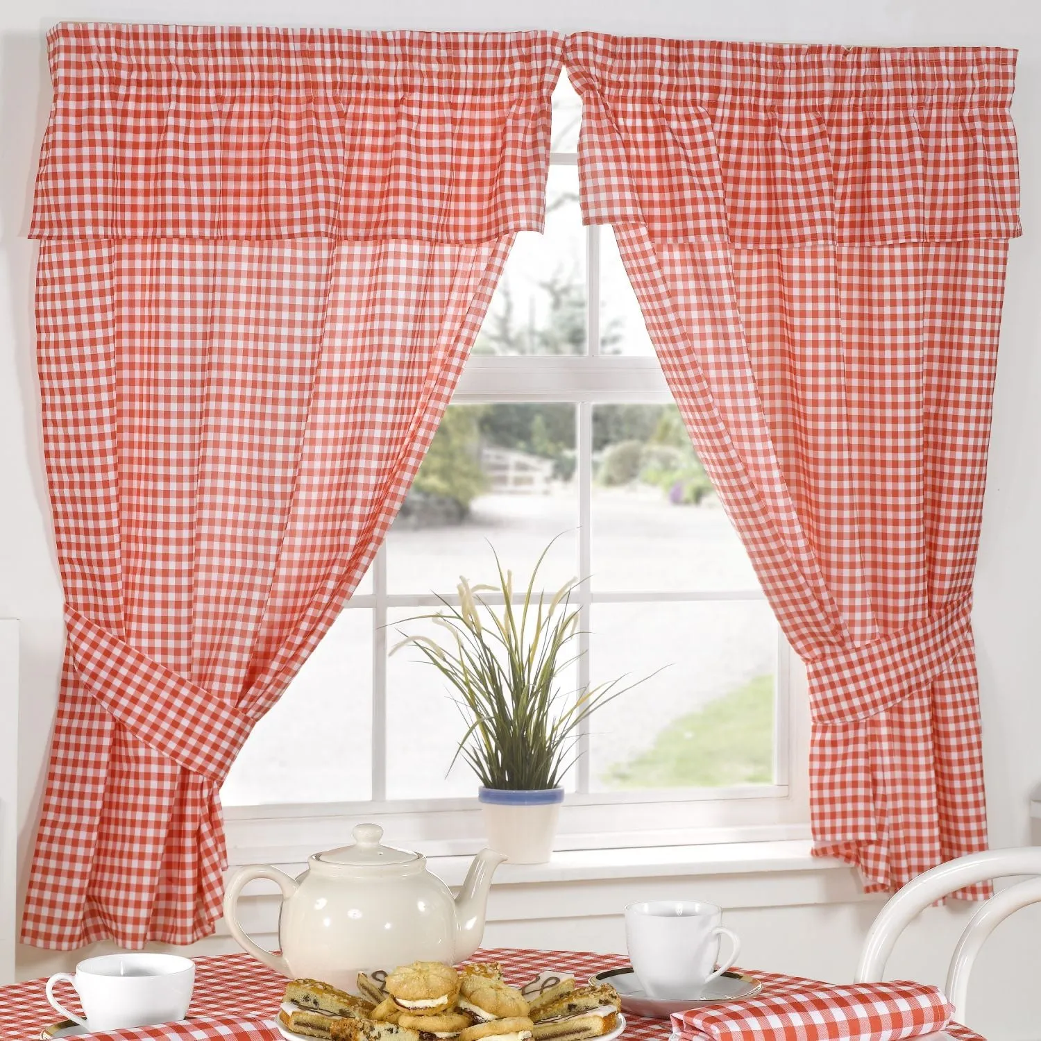 Gingham Curtains with Pelmet Header - Red