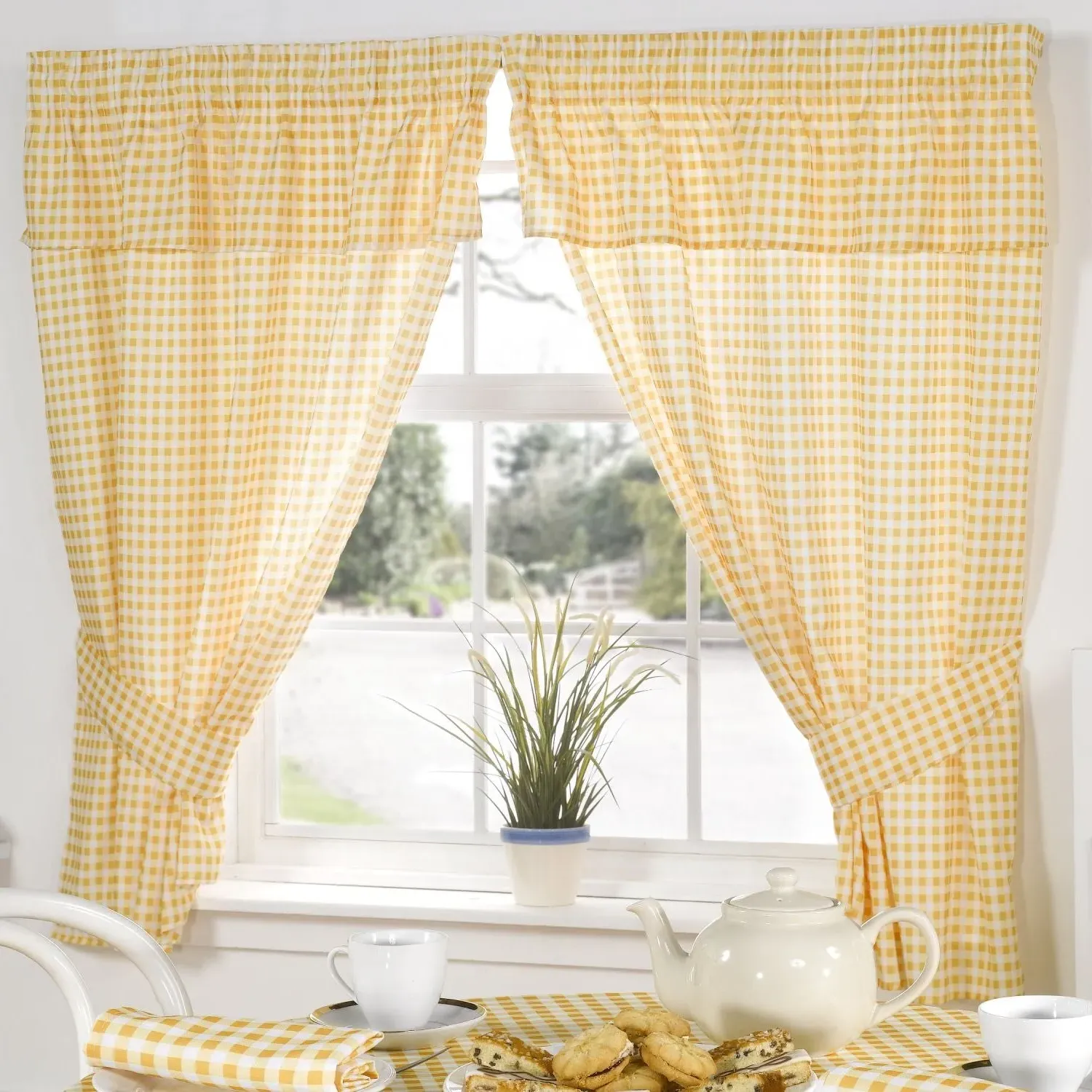 Gingham Curtains with Pelmet Header - Yellow