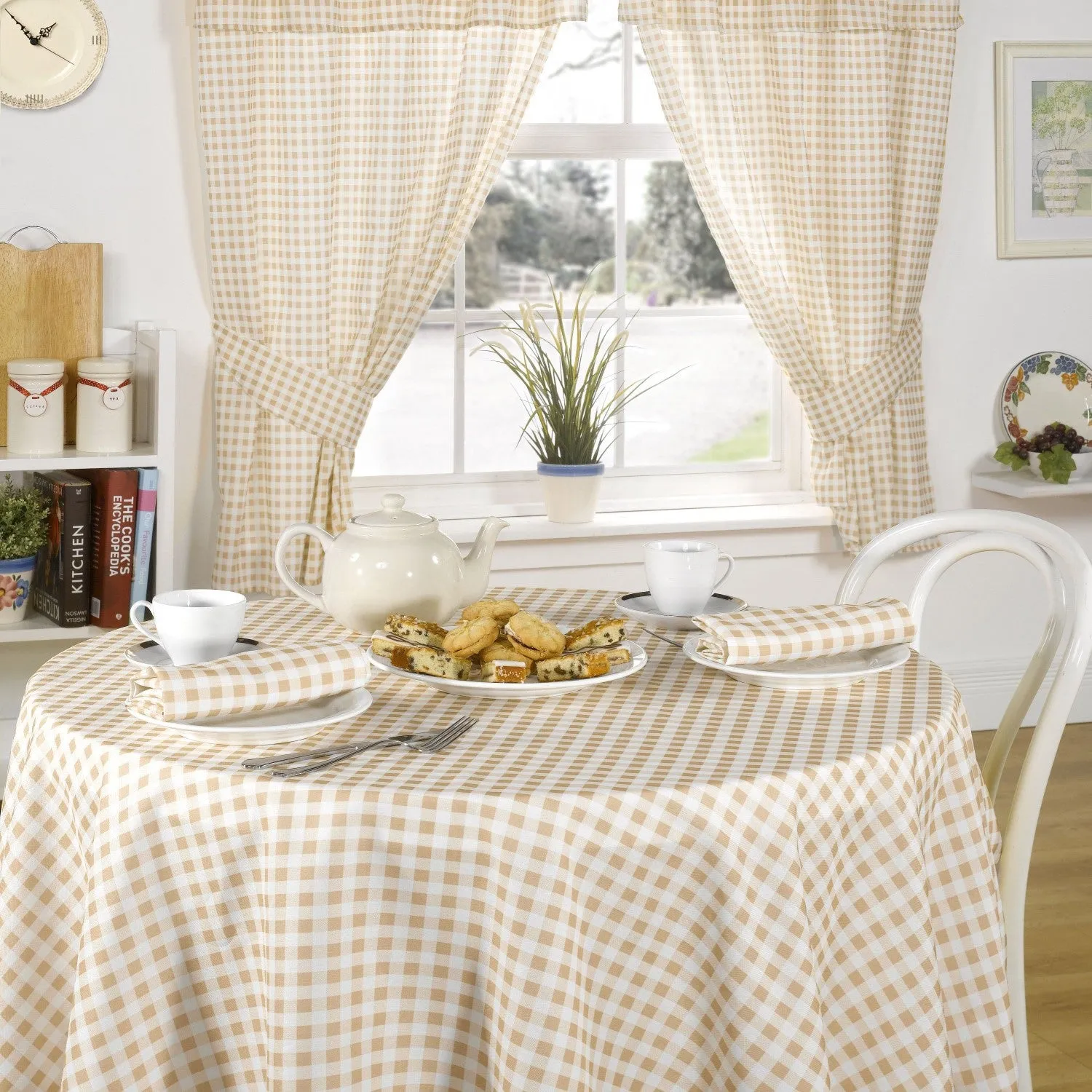 Gingham Tablecloth with Piped Hem - Cream, Polyester