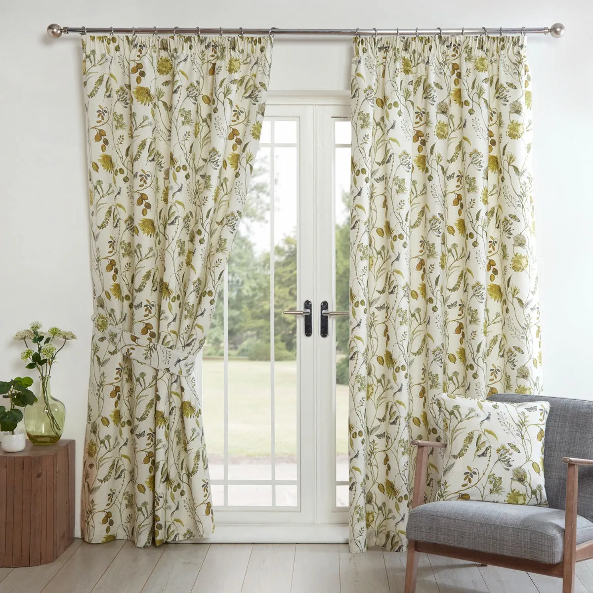 Pencil Pleat Curtains with Floral Trail - Green product
