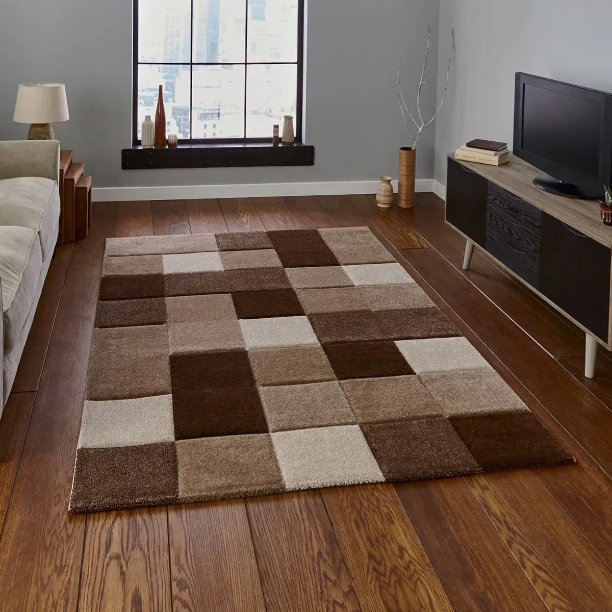 Hand Carved Rug with Heat Set Frieze - Brown