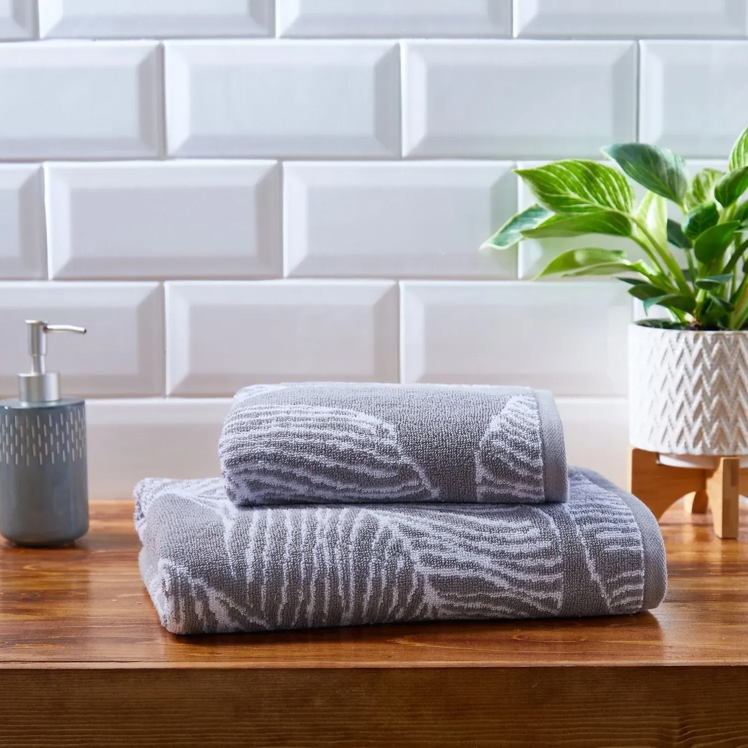 Hand Towel with Leaf Print - Grey, Cotton