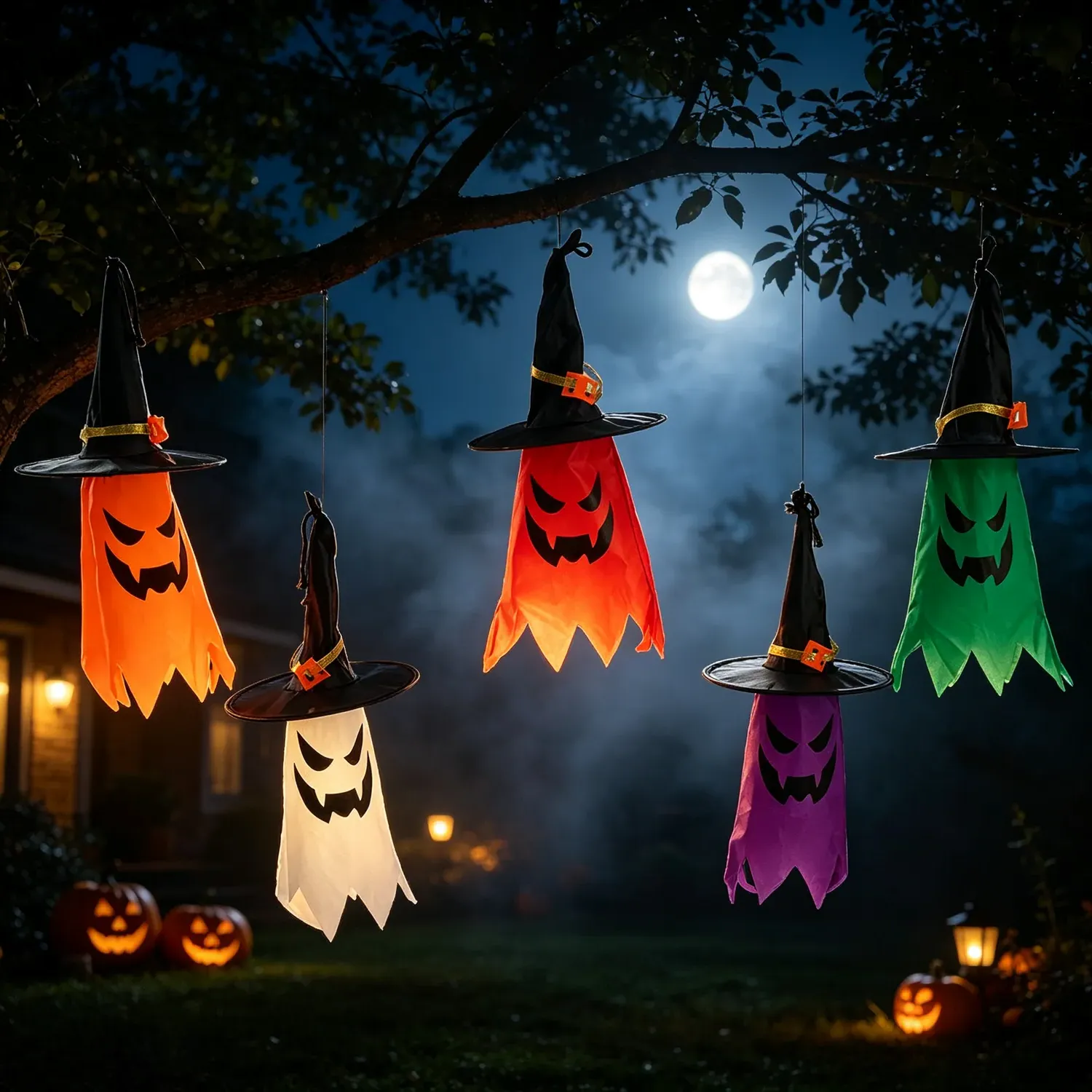 Hanging LED Ghost and Witch Hat Decorations 5 Pack by Julian Charles