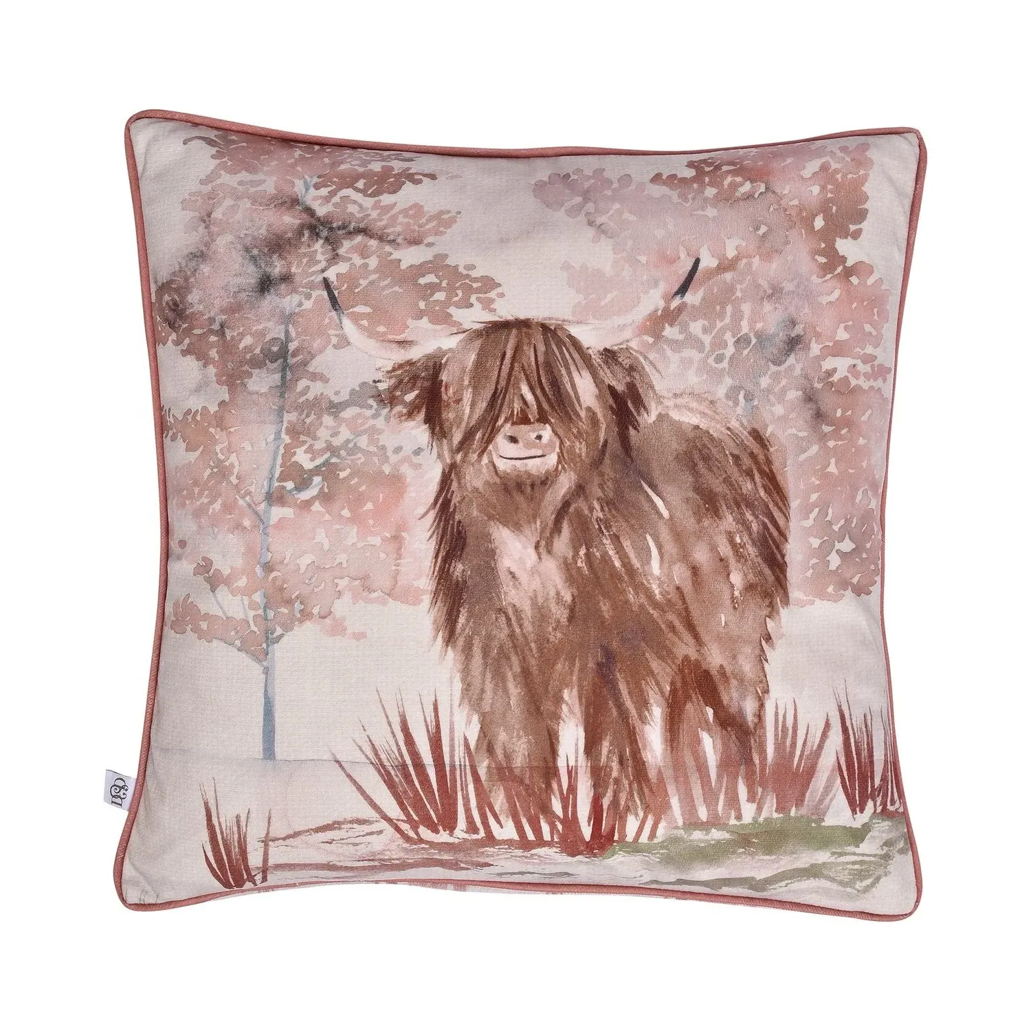 Square Cushion Highland Cow Print - Red, Fabric by Julian Charles